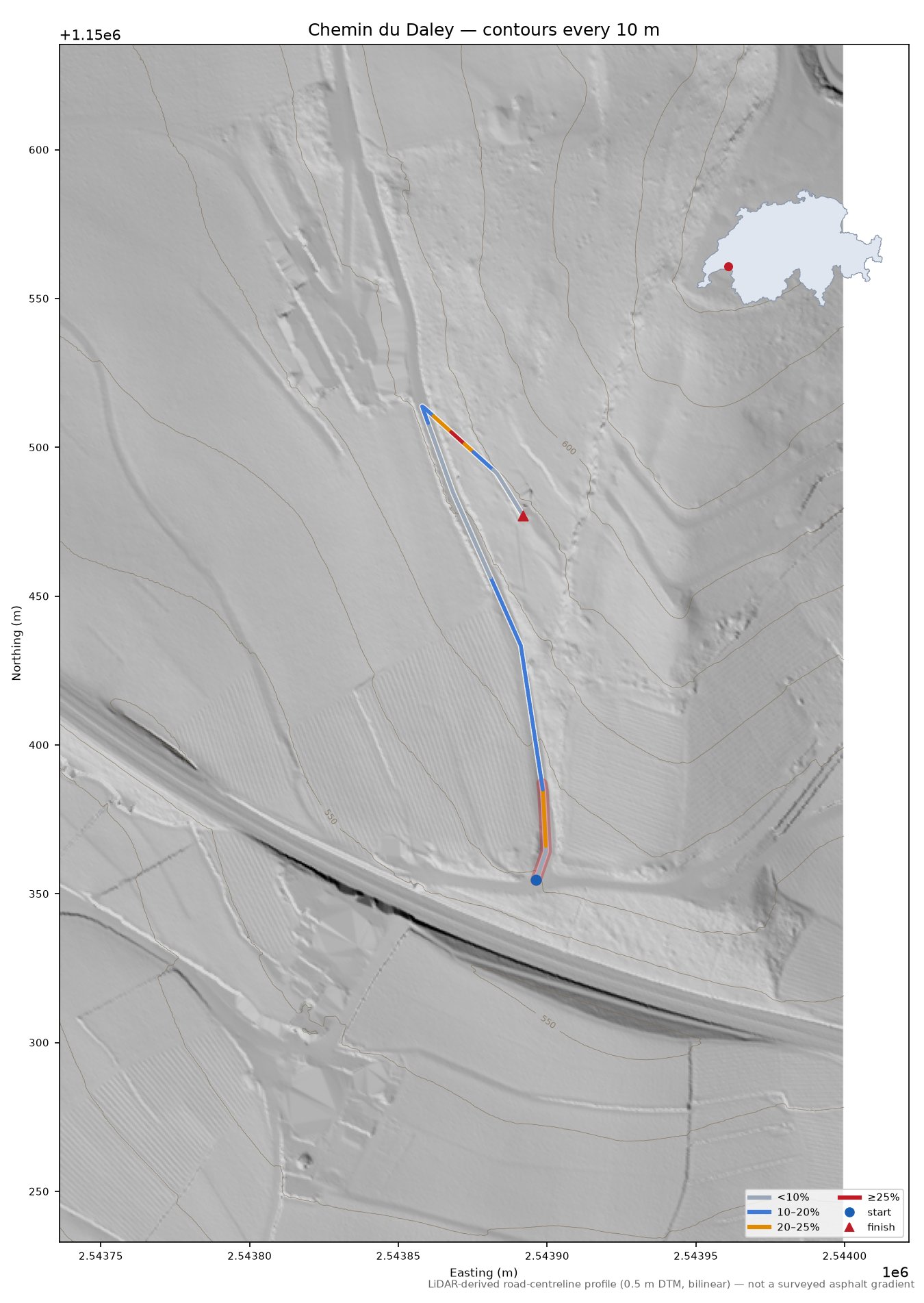 Chemin du Daley LiDAR hillshade map with contours