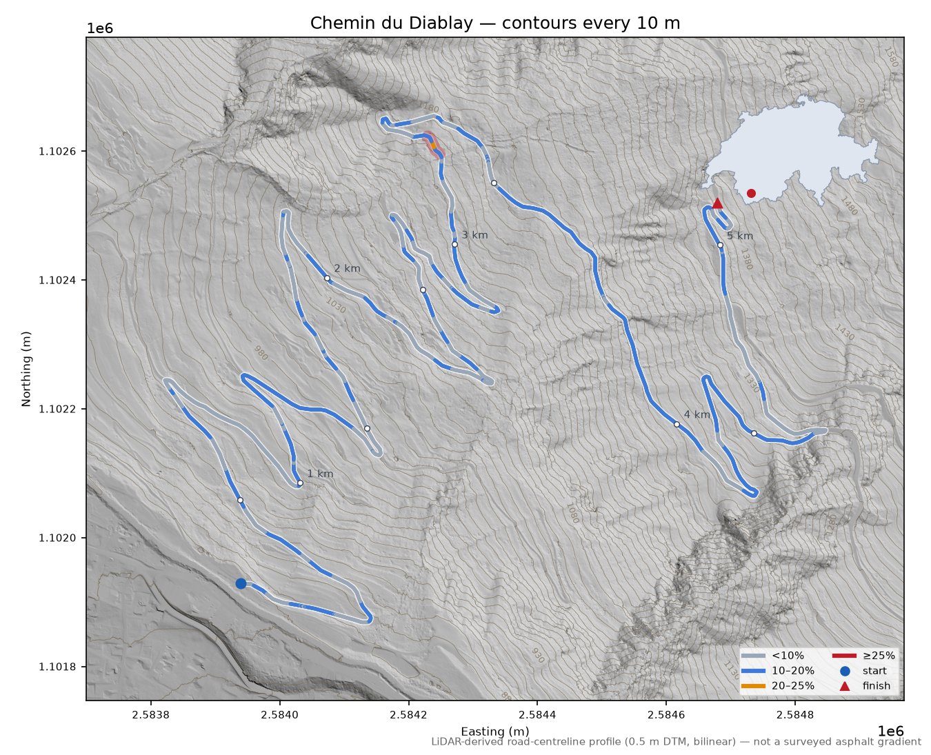 Chemin du Diablay LiDAR hillshade map with contours