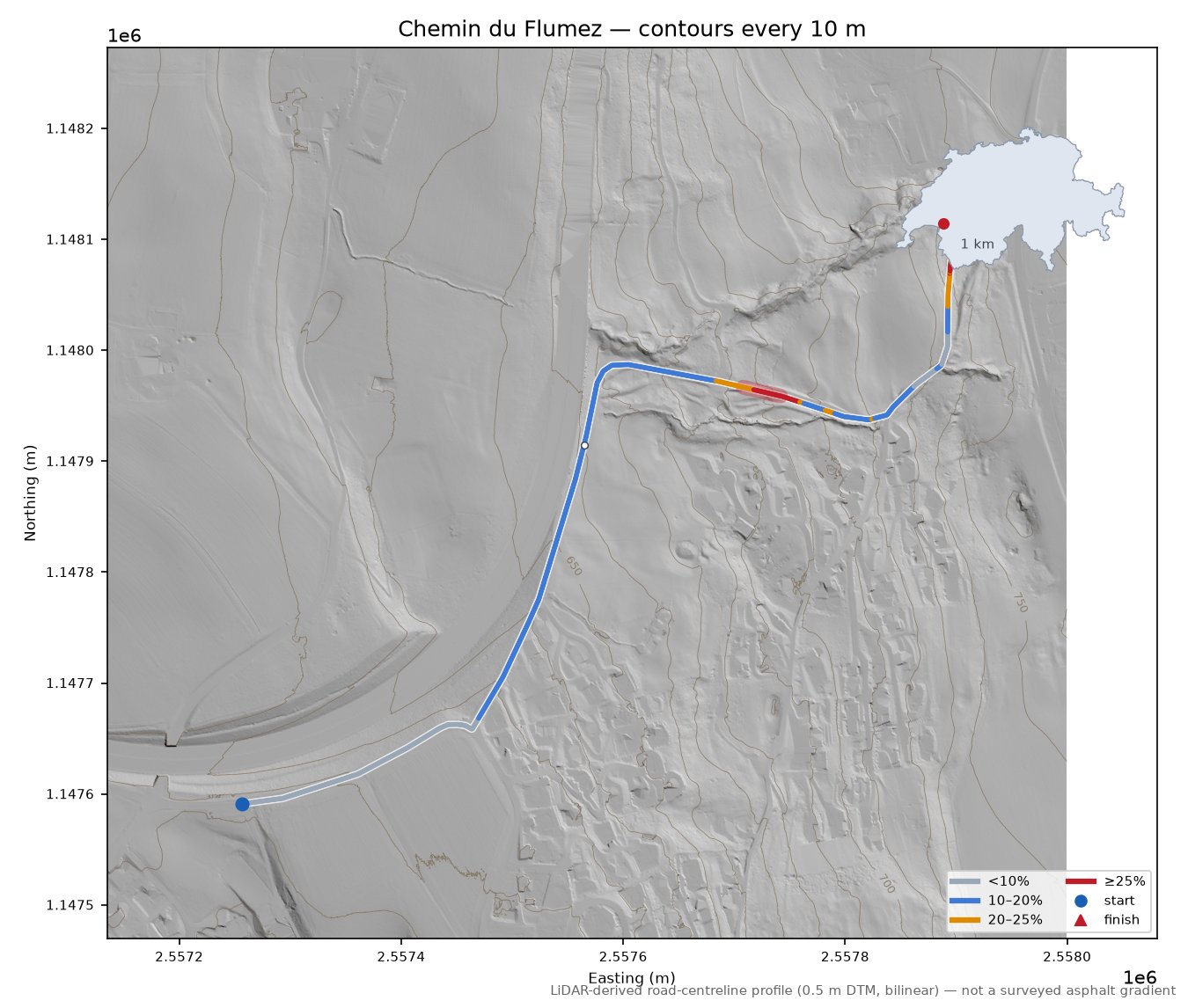Chemin du Flumez LiDAR hillshade map with contours