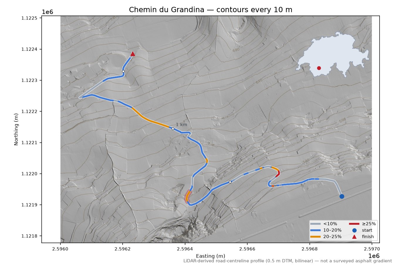Chemin du Grandina LiDAR hillshade map with contours