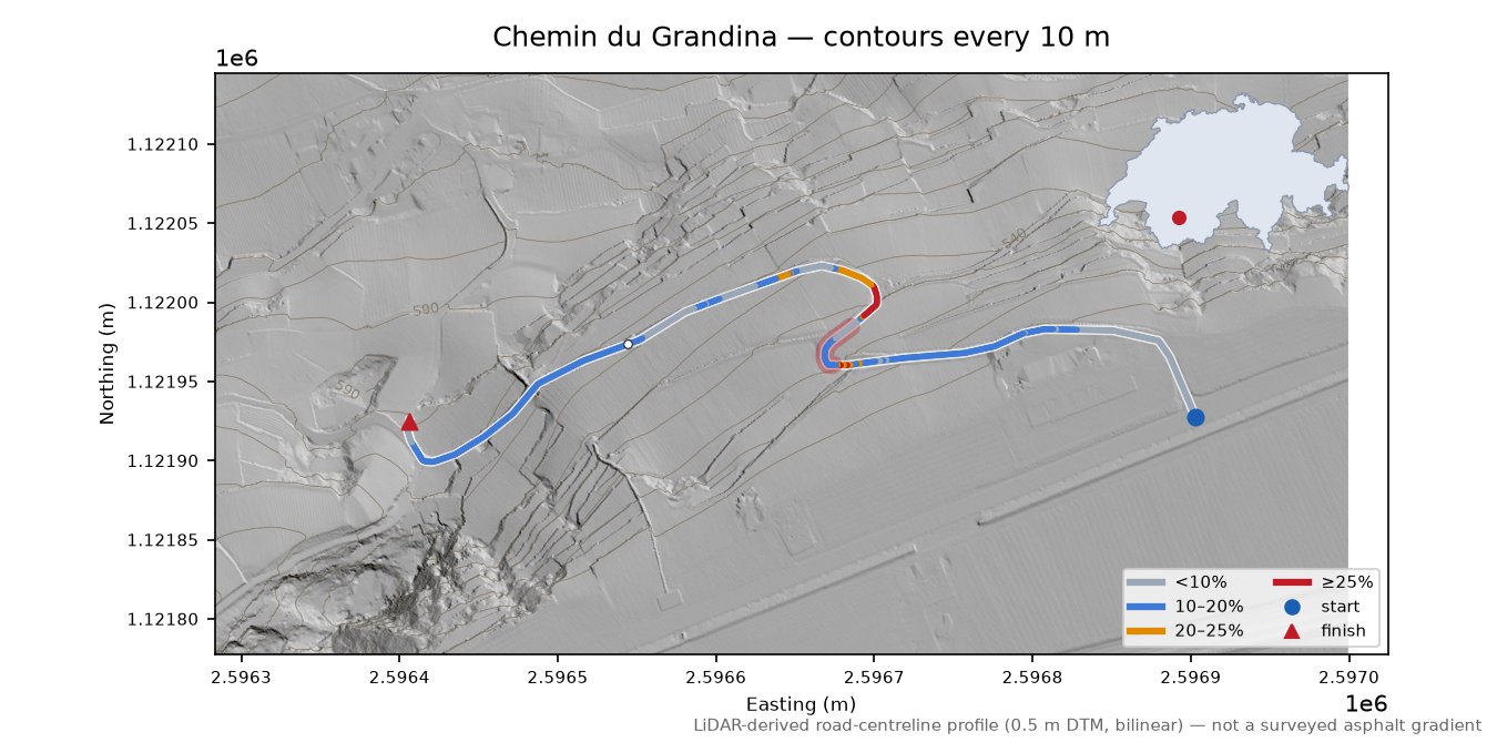 Chemin du Grandina LiDAR hillshade map with contours