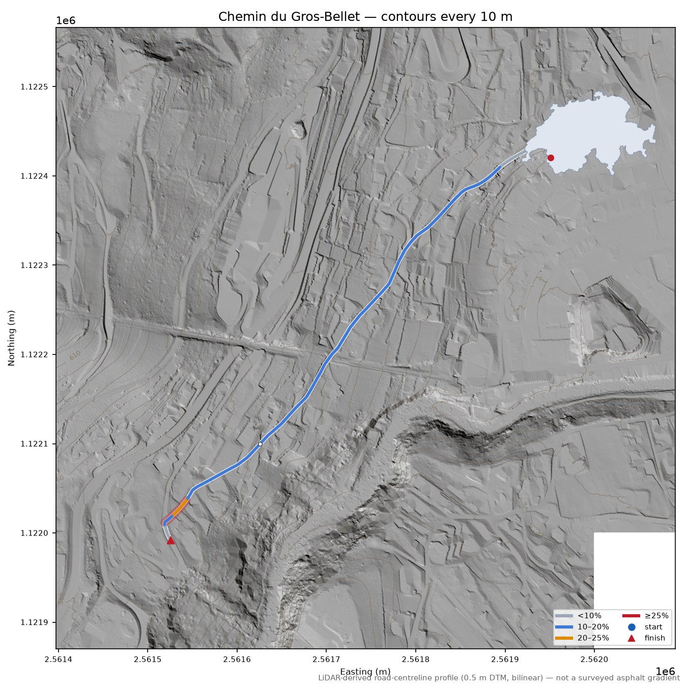 Chemin du Gros-Bellet LiDAR hillshade map with contours