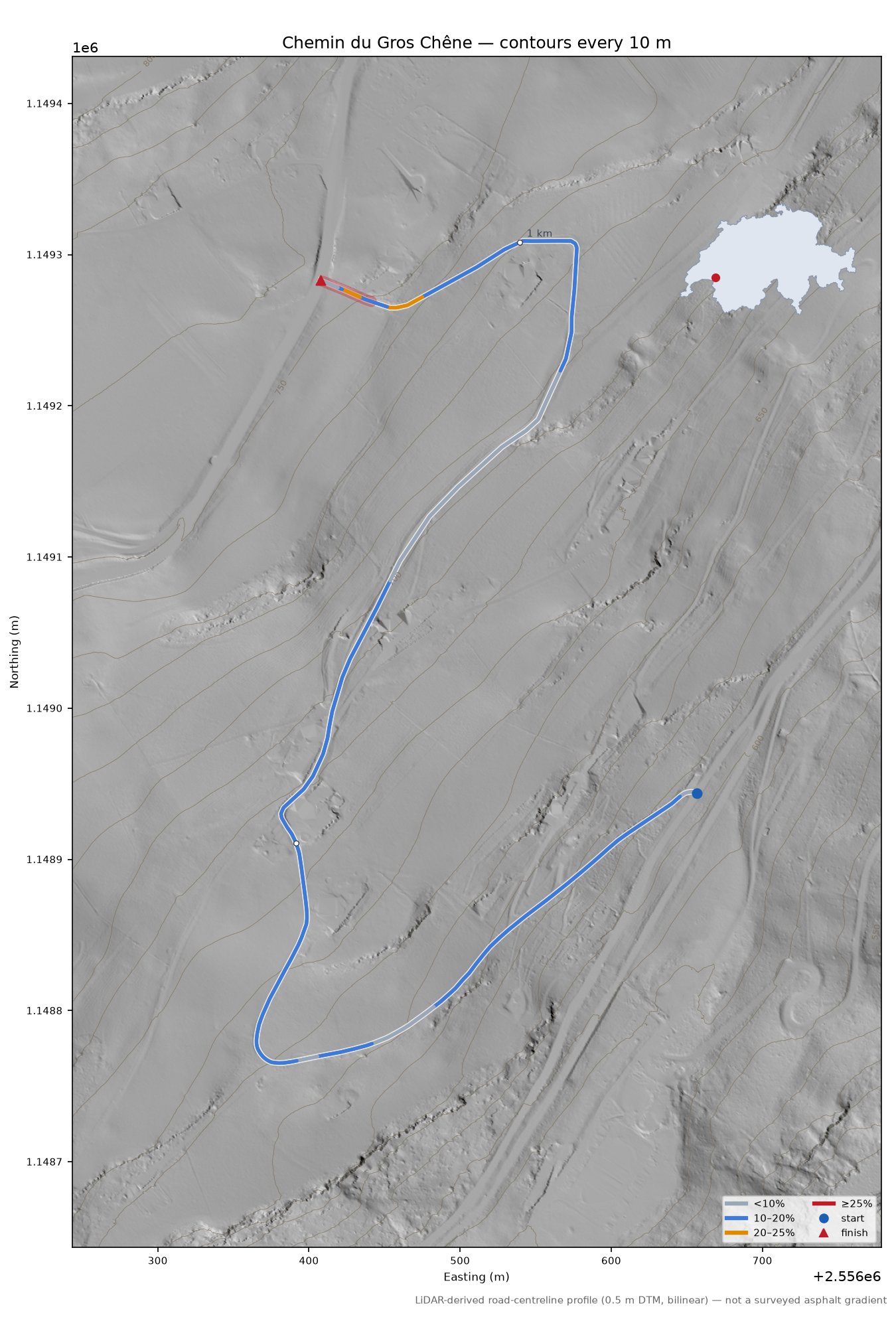 Chemin du Gros Chêne LiDAR hillshade map with contours