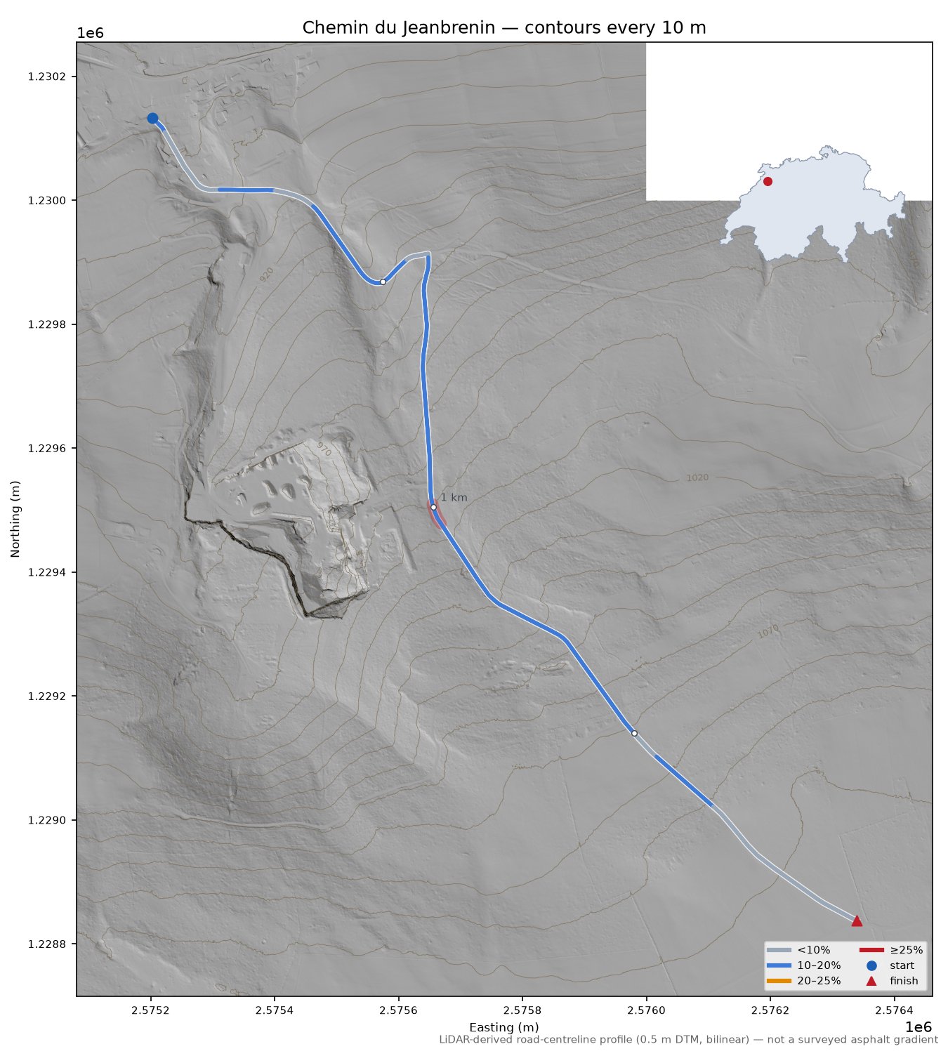 Chemin du Jeanbrenin LiDAR hillshade map with contours