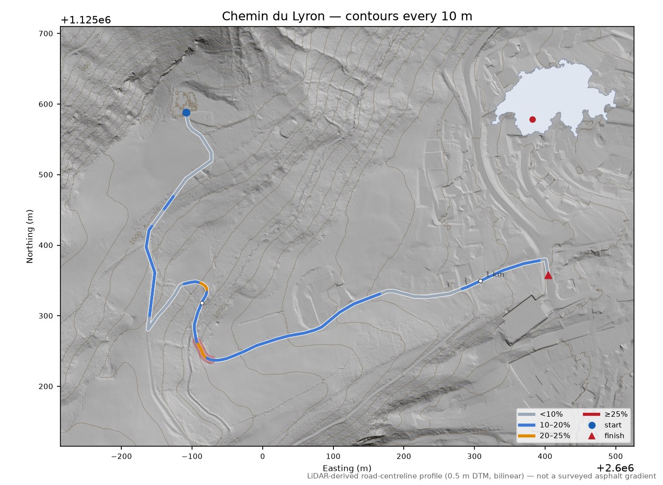 Chemin du Lyron LiDAR hillshade map with contours