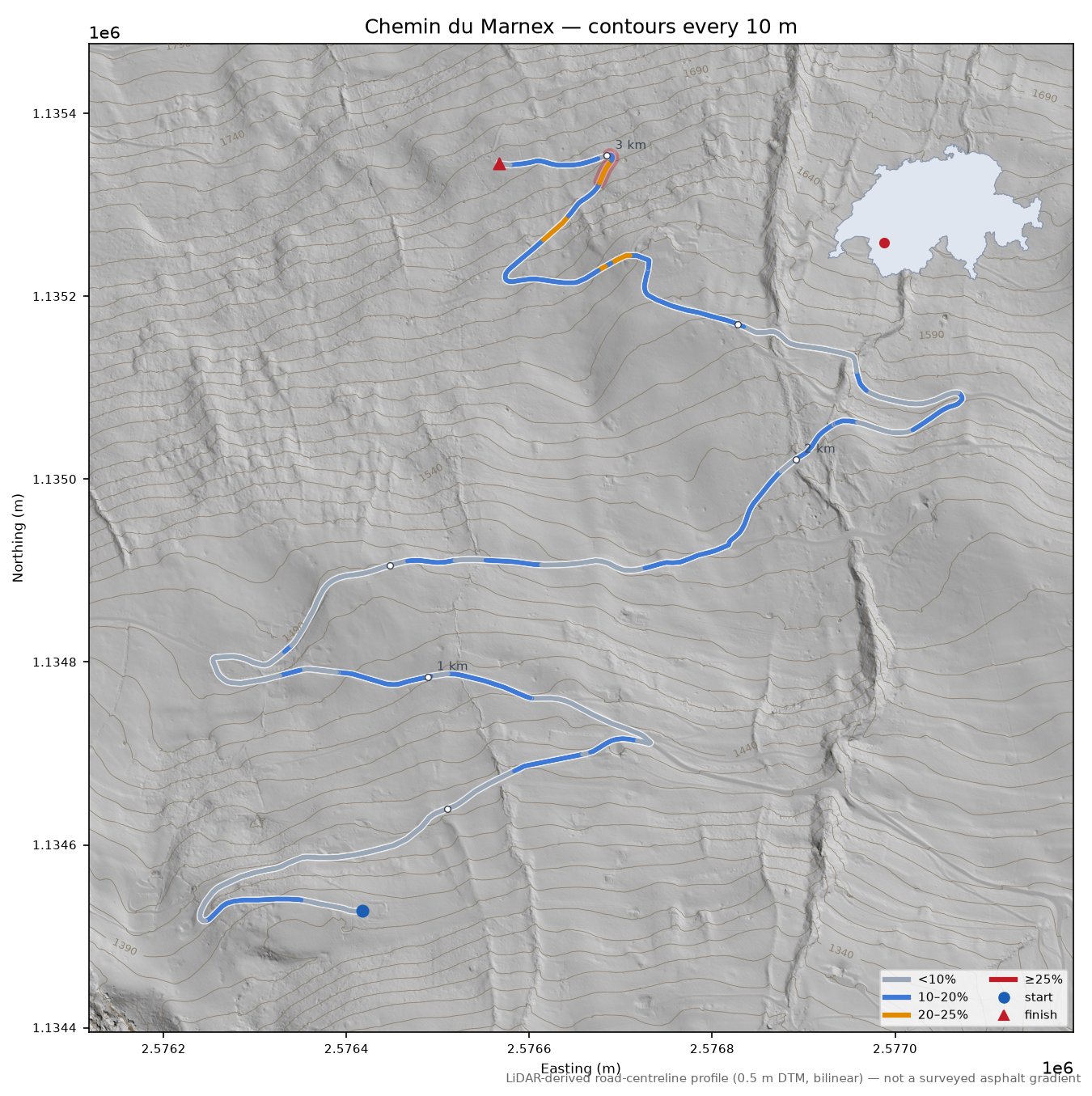 Chemin du Marnex LiDAR hillshade map with contours