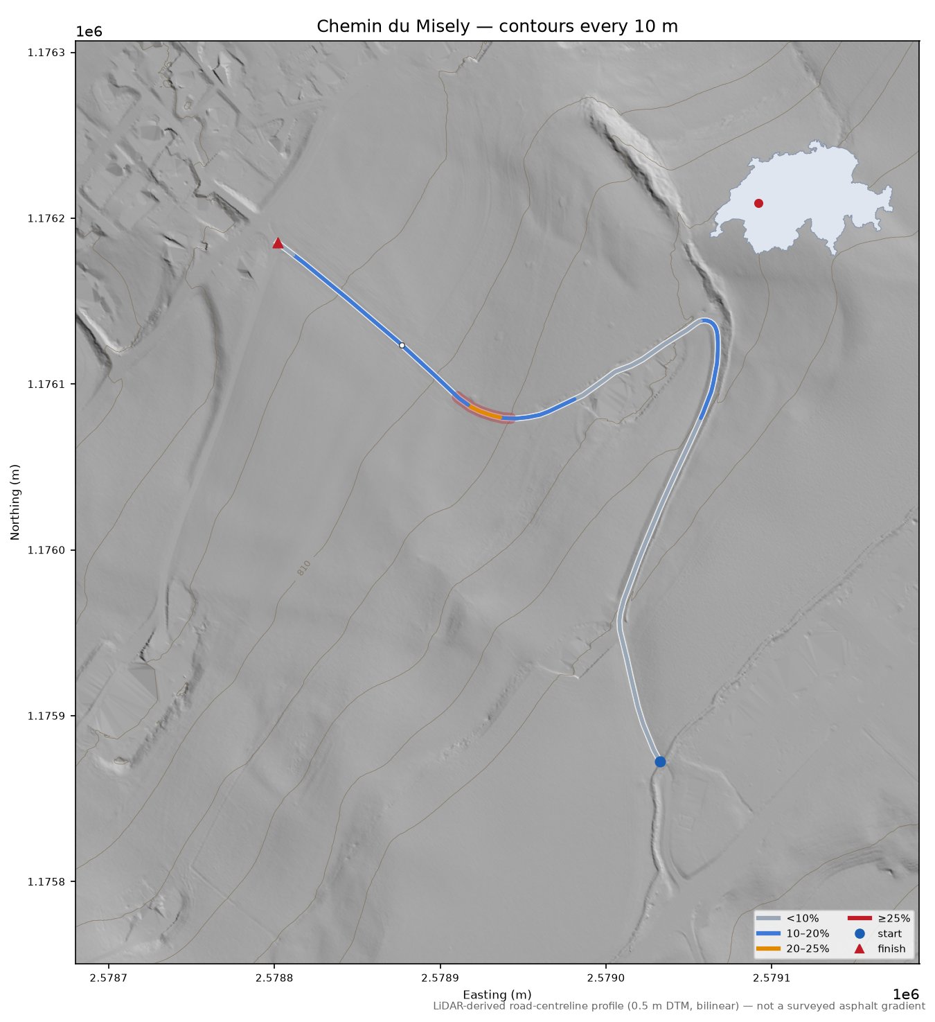 Chemin du Misely LiDAR hillshade map with contours