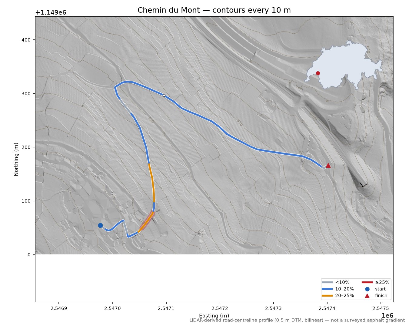 Chemin du Mont LiDAR hillshade map with contours