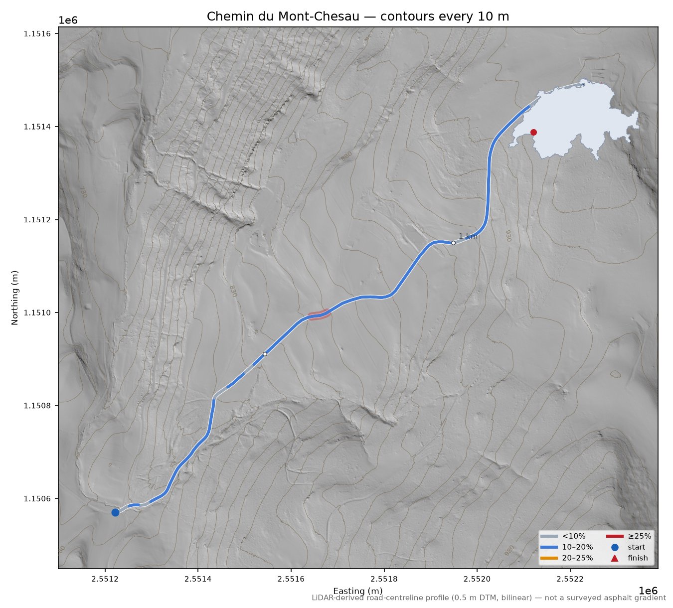 Chemin du Mont-Chesau LiDAR hillshade map with contours