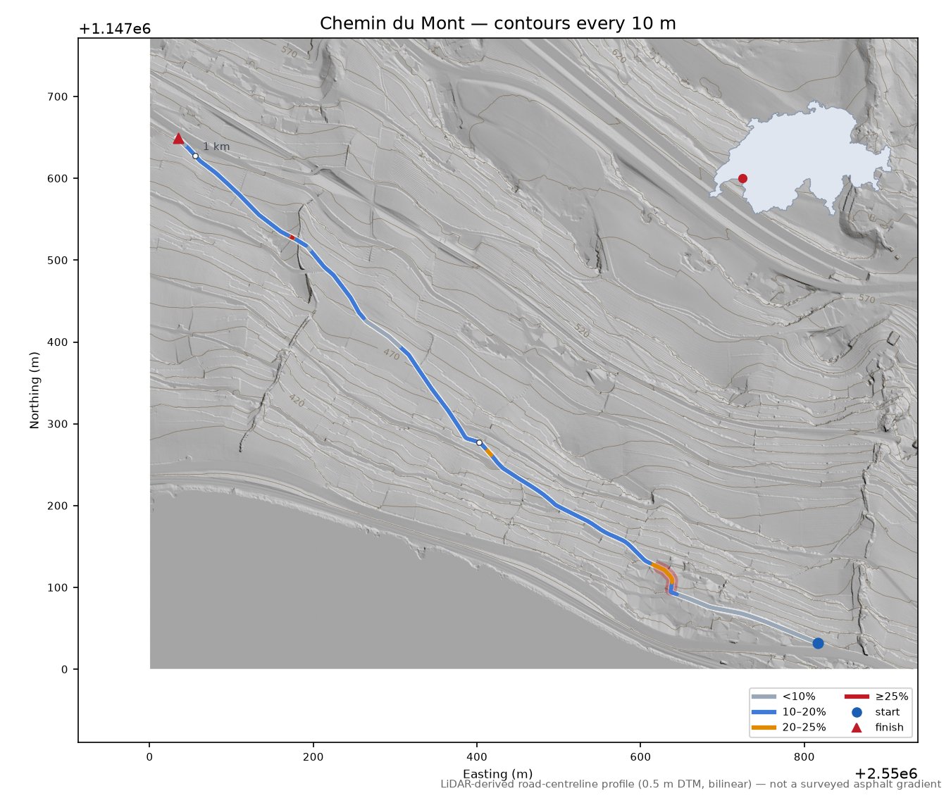 Chemin du Mont LiDAR hillshade map with contours