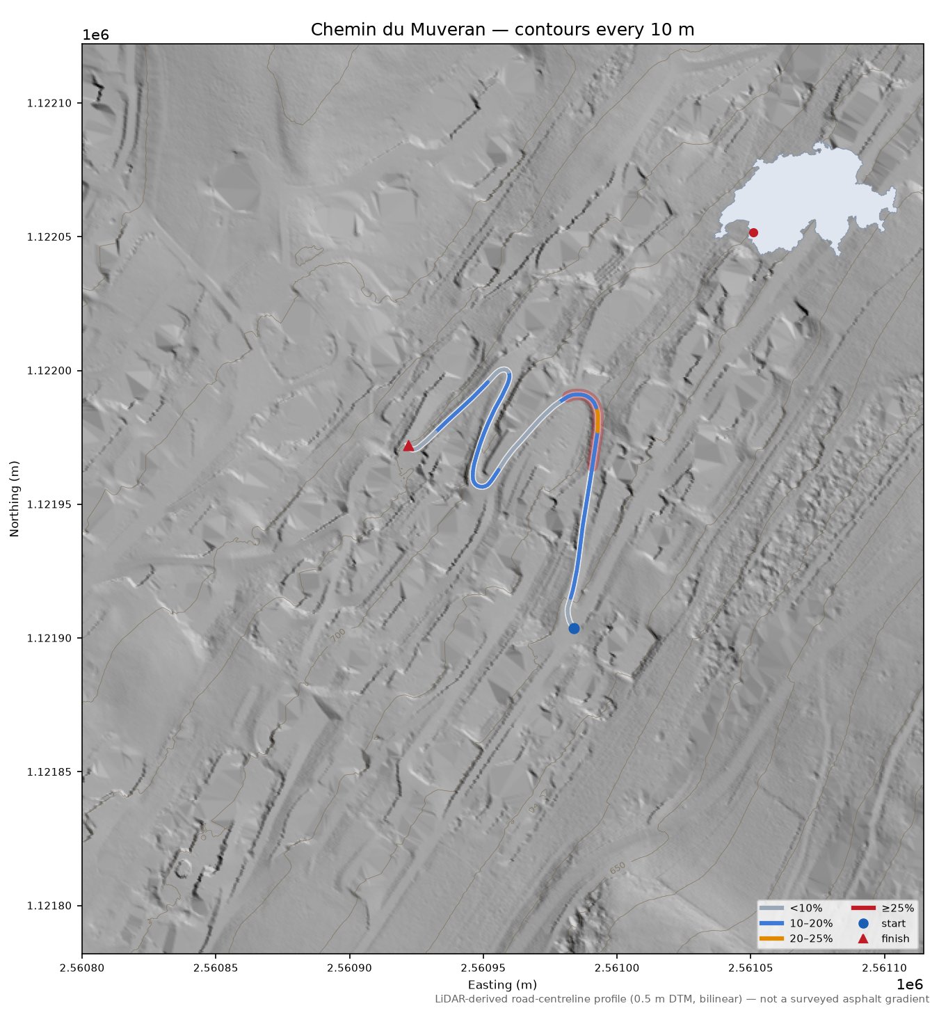 Chemin du Muveran LiDAR hillshade map with contours