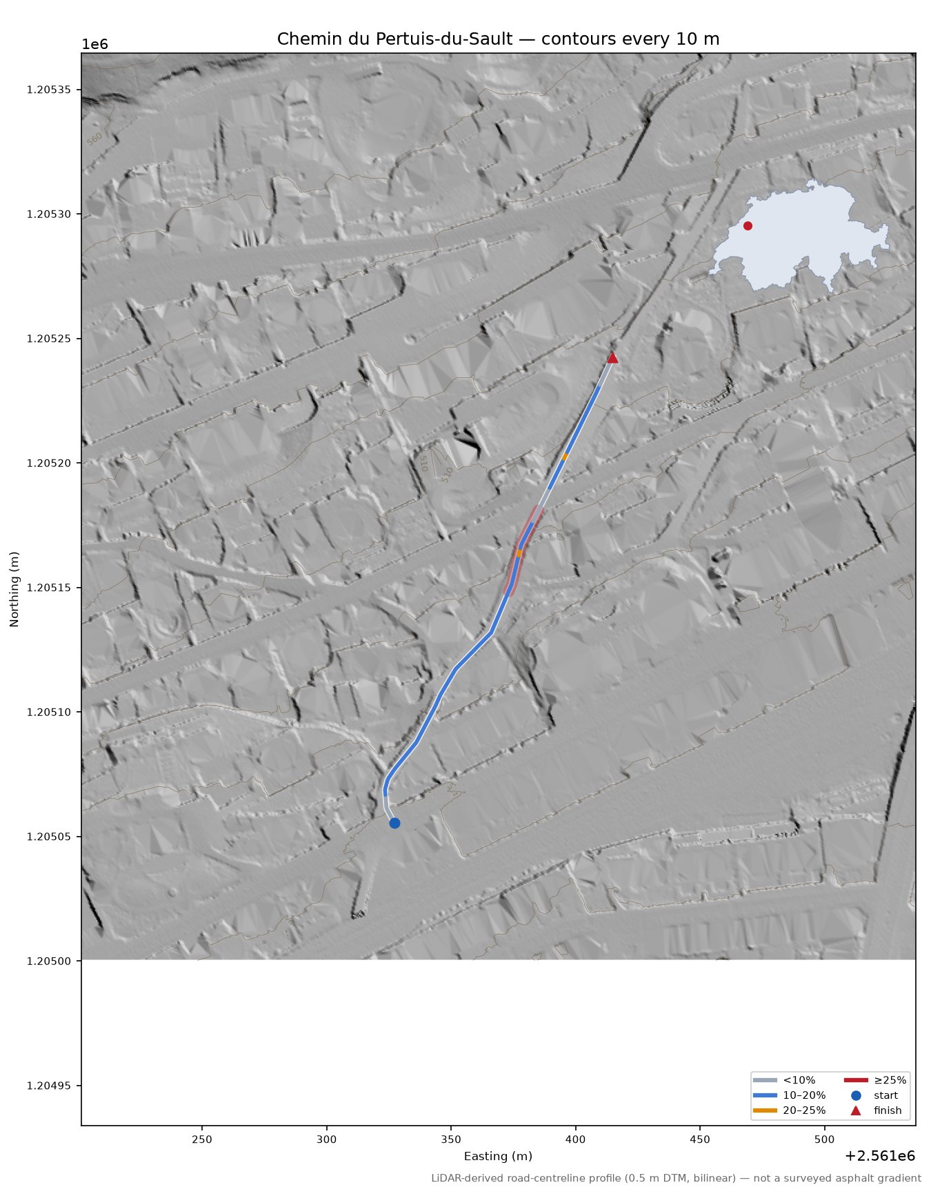 Chemin du Pertuis-du-Sault LiDAR hillshade map with contours