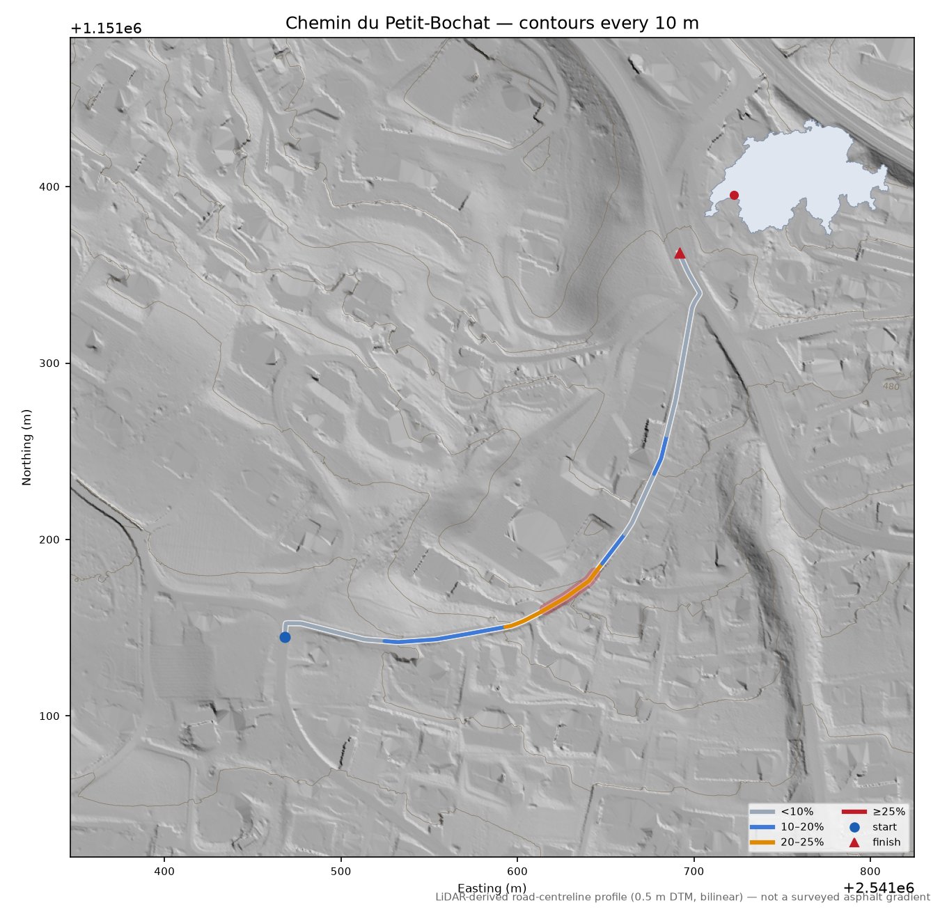 Chemin du Petit-Bochat LiDAR hillshade map with contours