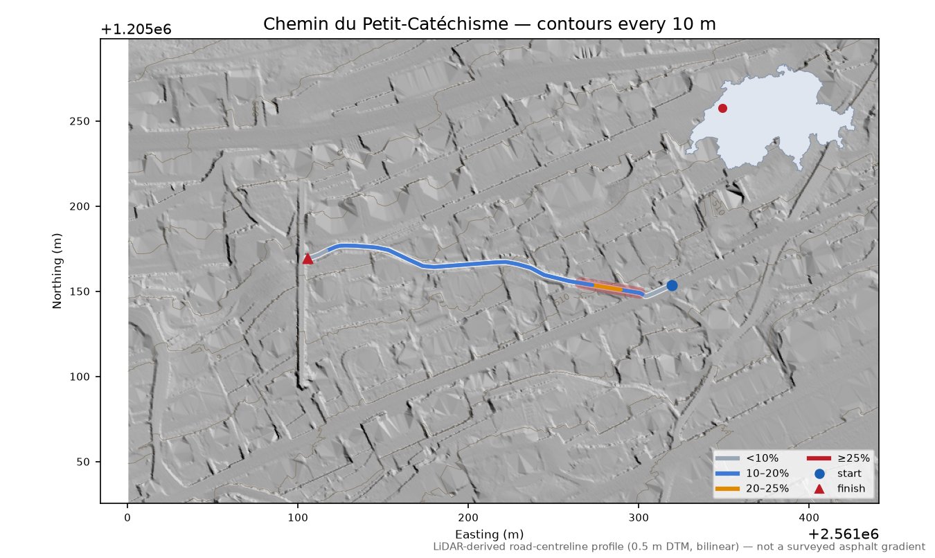 Chemin du Petit-Catéchisme LiDAR hillshade map with contours