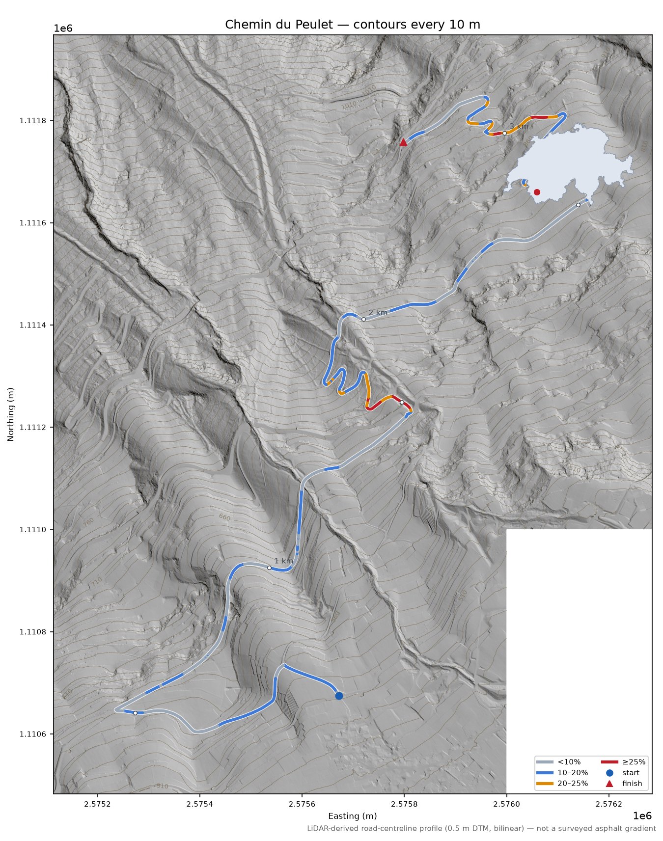 Chemin du Peulet LiDAR hillshade map with contours