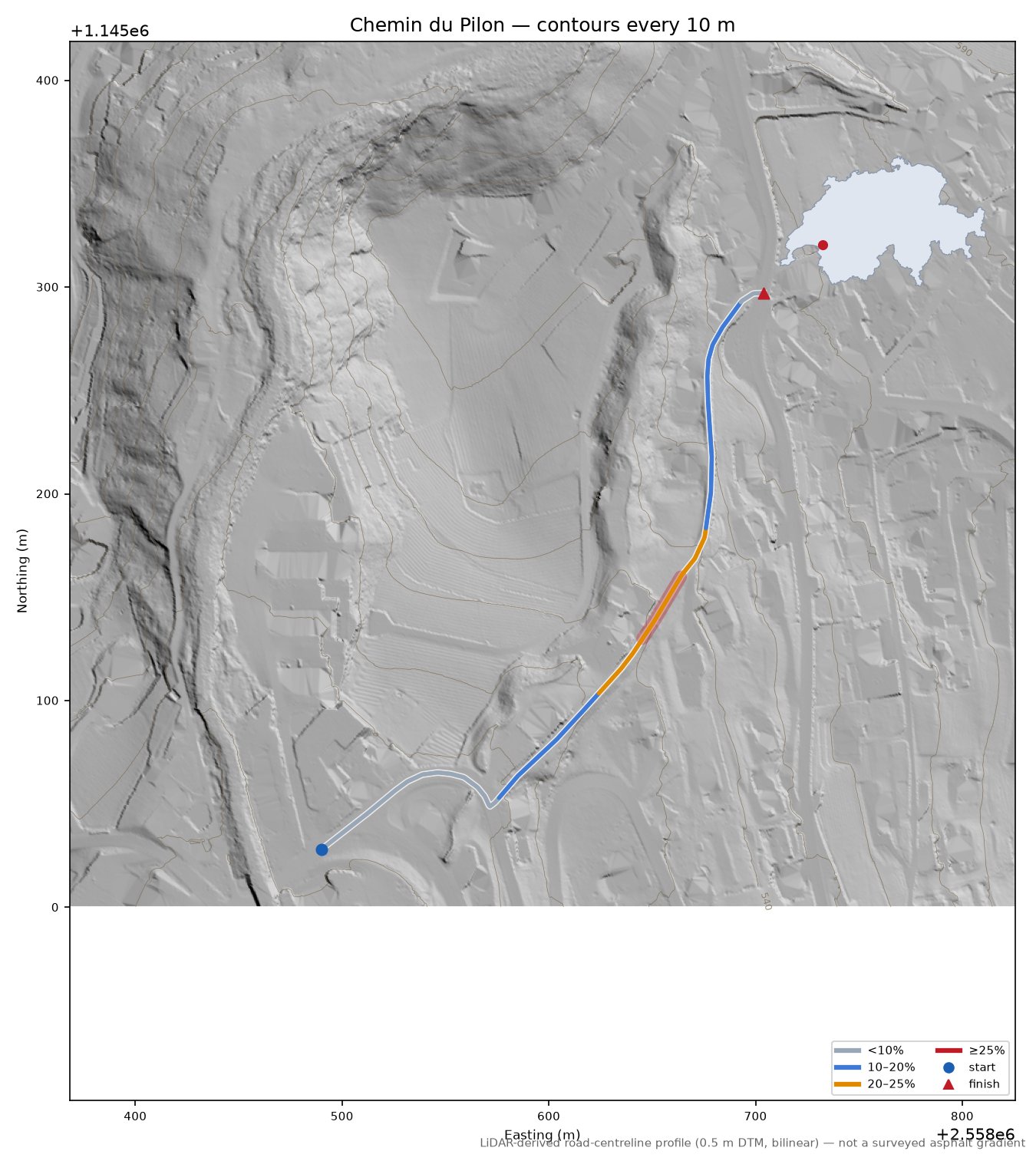 Chemin du Pilon LiDAR hillshade map with contours