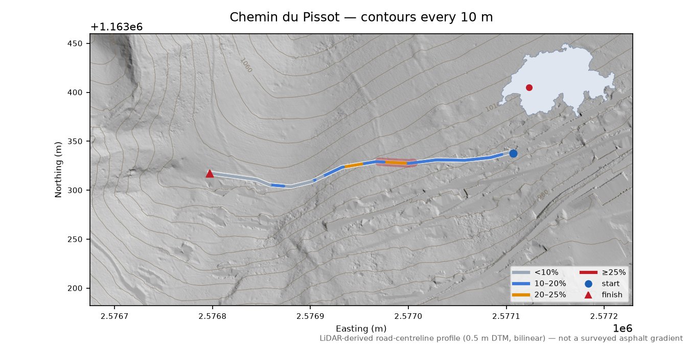 Chemin du Pissot LiDAR hillshade map with contours