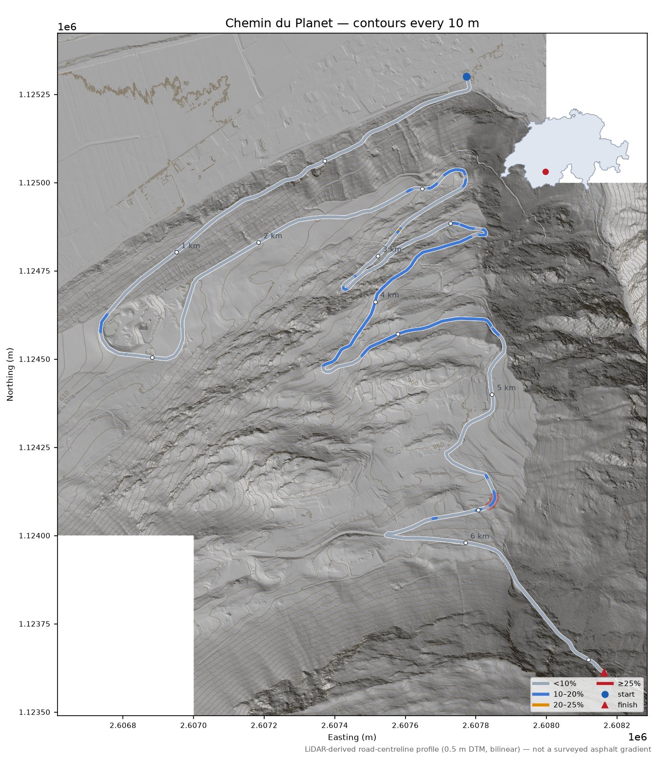 Chemin du Planet LiDAR hillshade map with contours