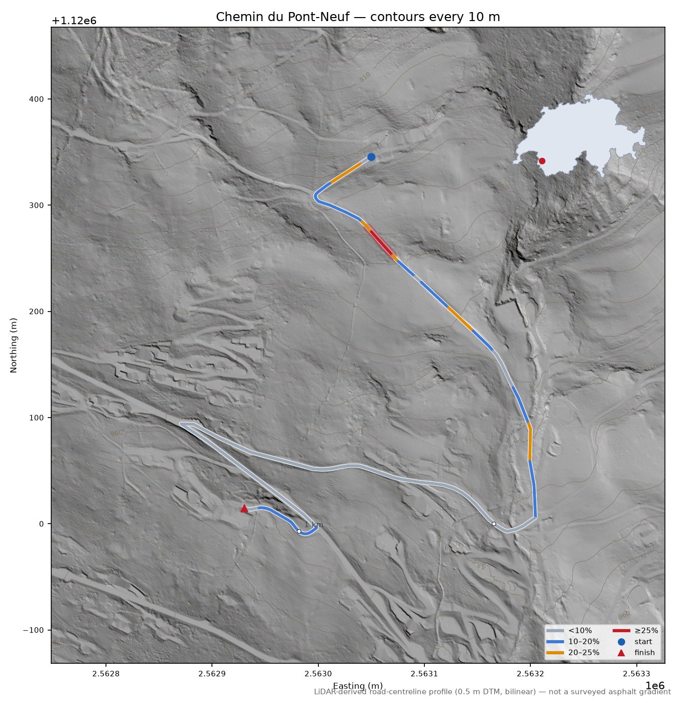 Chemin du Pont-Neuf LiDAR hillshade map with contours