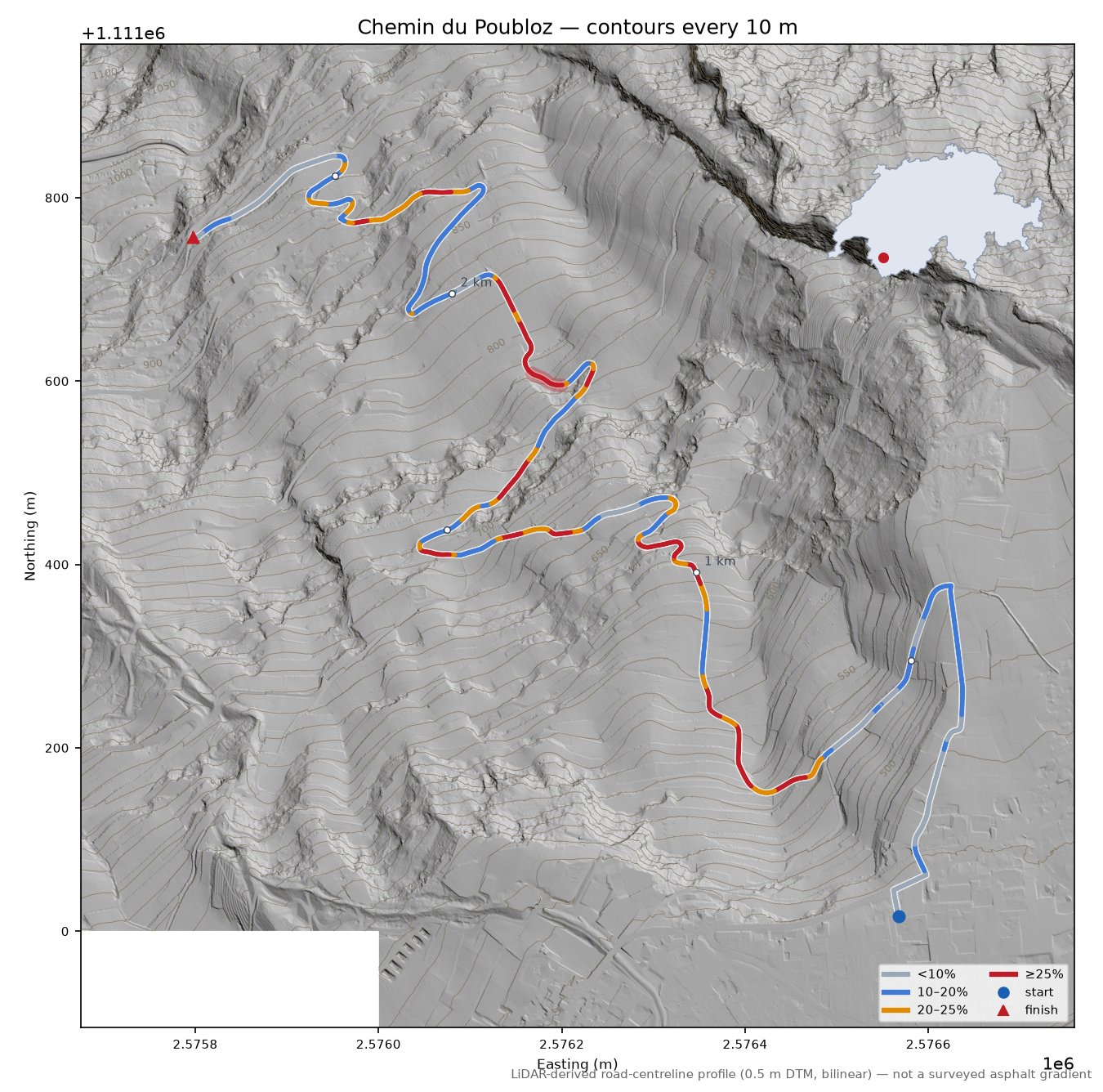 Chemin du Poubloz LiDAR hillshade map with contours