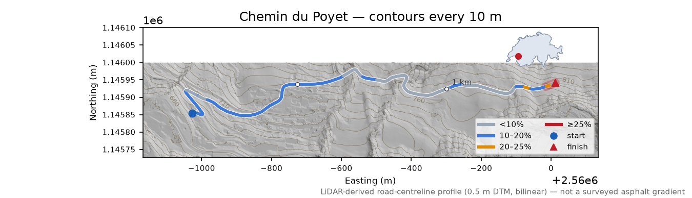 Chemin du Poyet LiDAR hillshade map with contours
