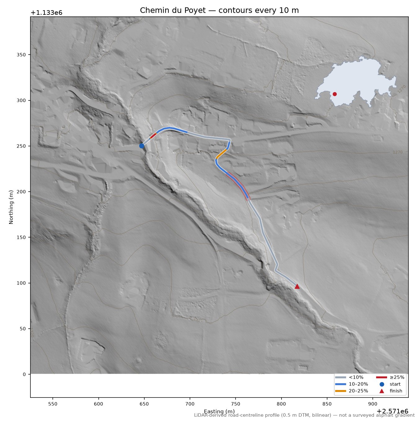 Chemin du Poyet LiDAR hillshade map with contours