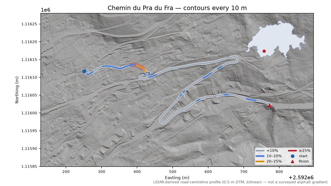 Chemin du Pra du Fra LiDAR hillshade map with contours