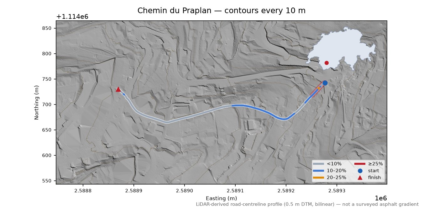 Chemin du Praplan LiDAR hillshade map with contours