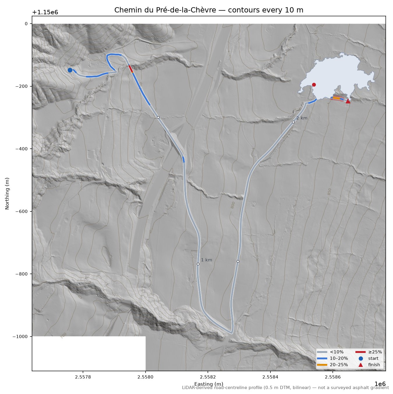 Chemin du Pré-de-la-Chèvre LiDAR hillshade map with contours