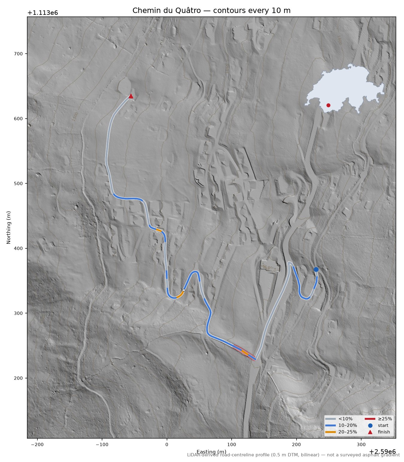 Chemin du Quâtro LiDAR hillshade map with contours