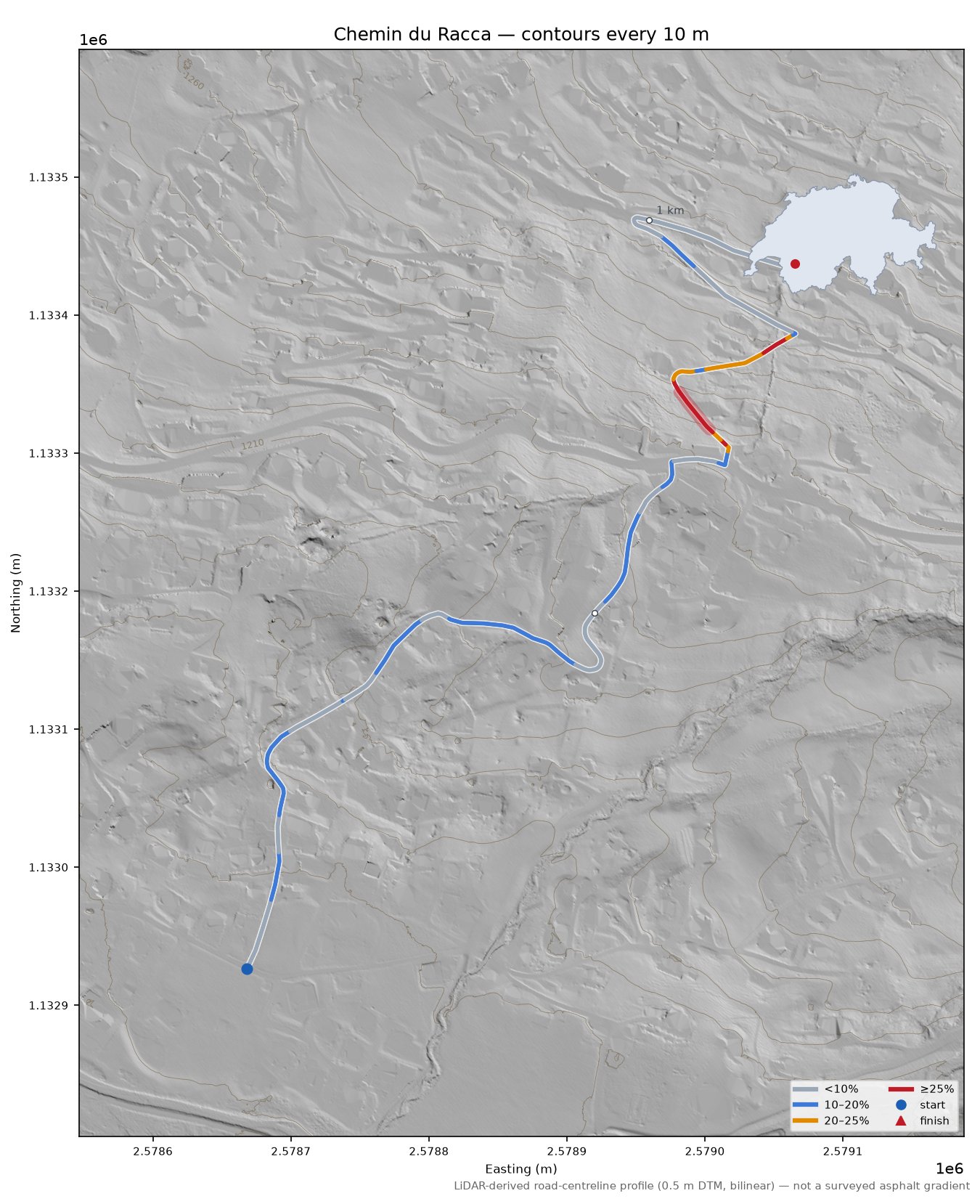 Chemin du Racca LiDAR hillshade map with contours