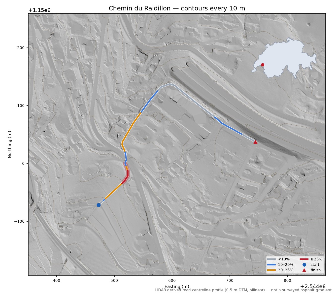 Chemin du Raidillon LiDAR hillshade map with contours