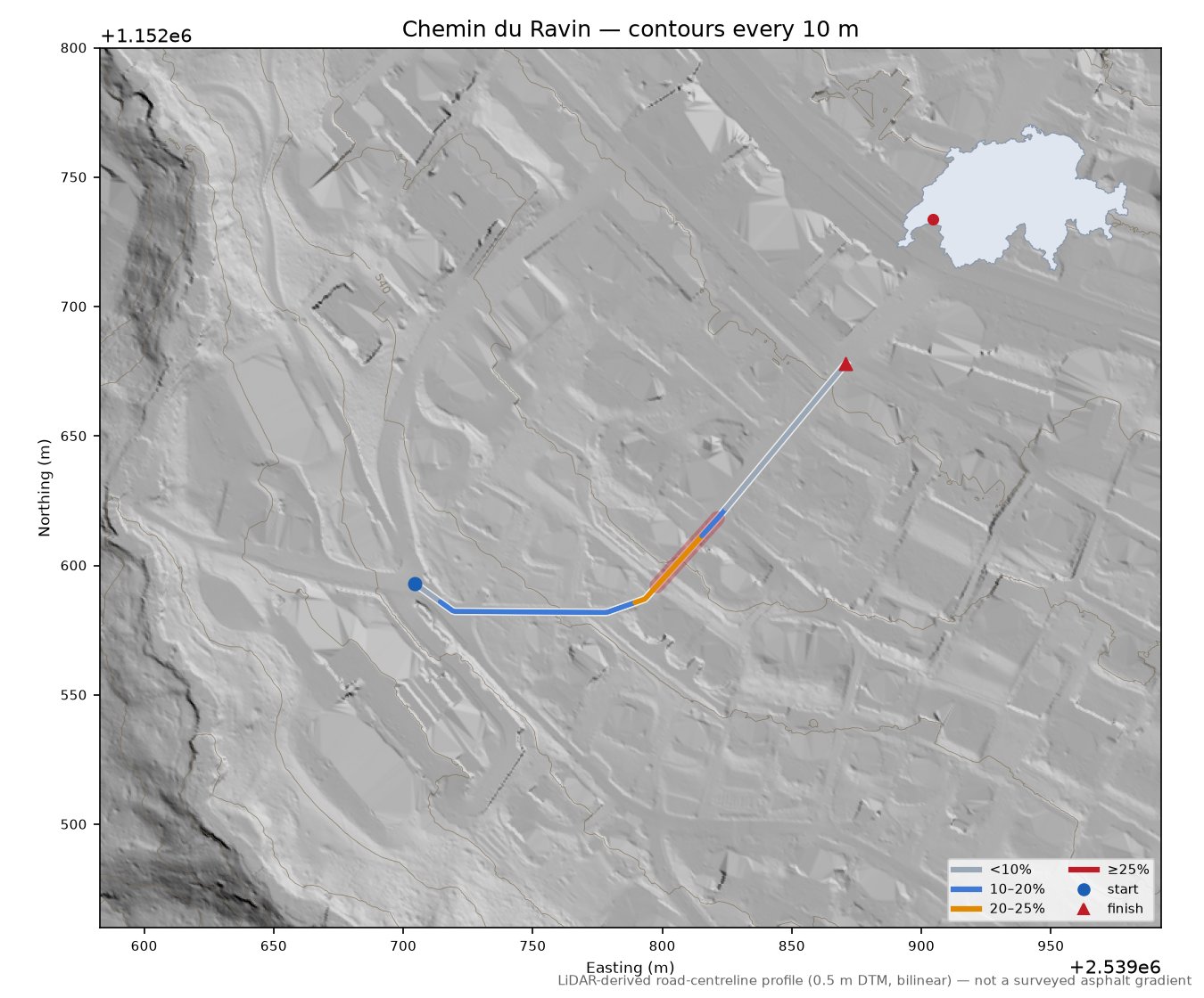 Chemin du Ravin LiDAR hillshade map with contours