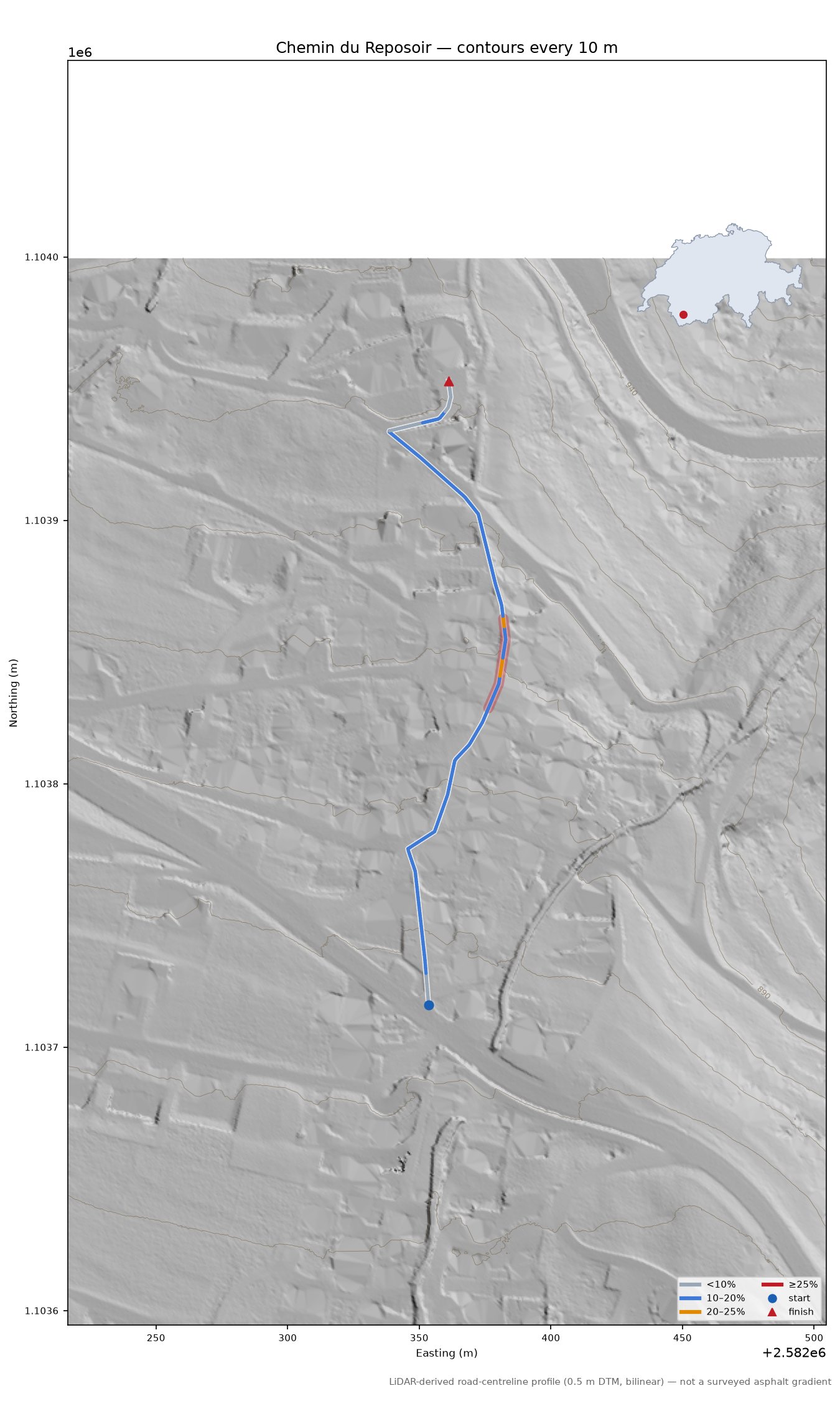 Chemin du Reposoir LiDAR hillshade map with contours