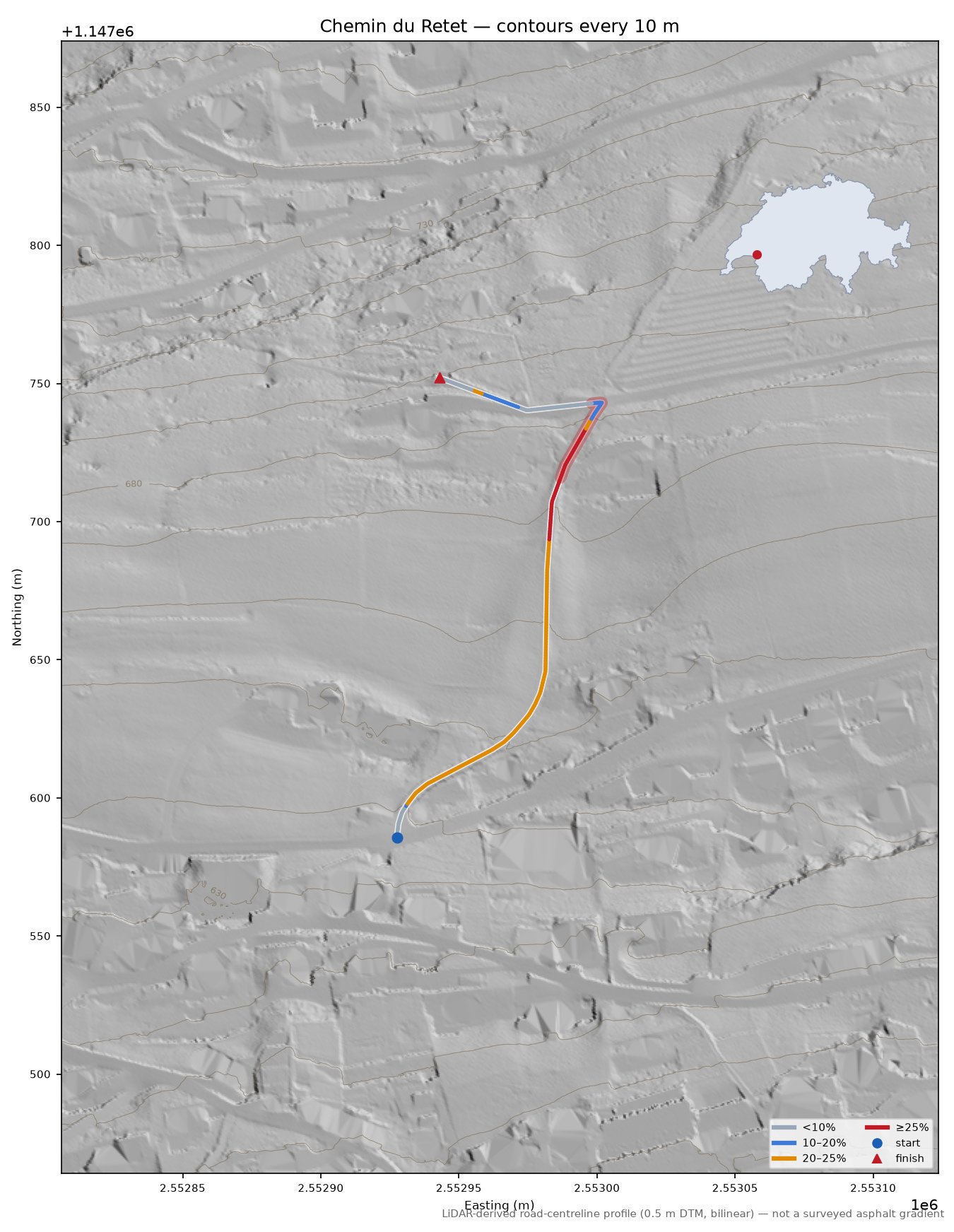 Chemin du Retet LiDAR hillshade map with contours