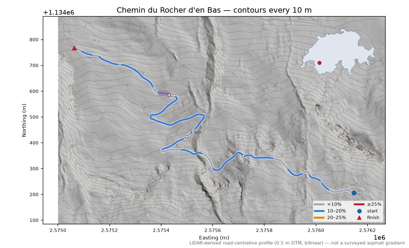 Chemin du Rocher d'en Bas LiDAR hillshade map with contours