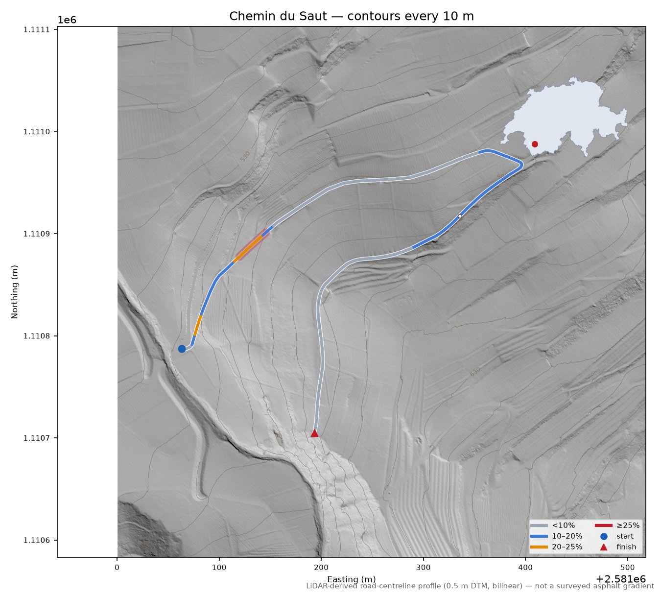 Chemin du Saut LiDAR hillshade map with contours