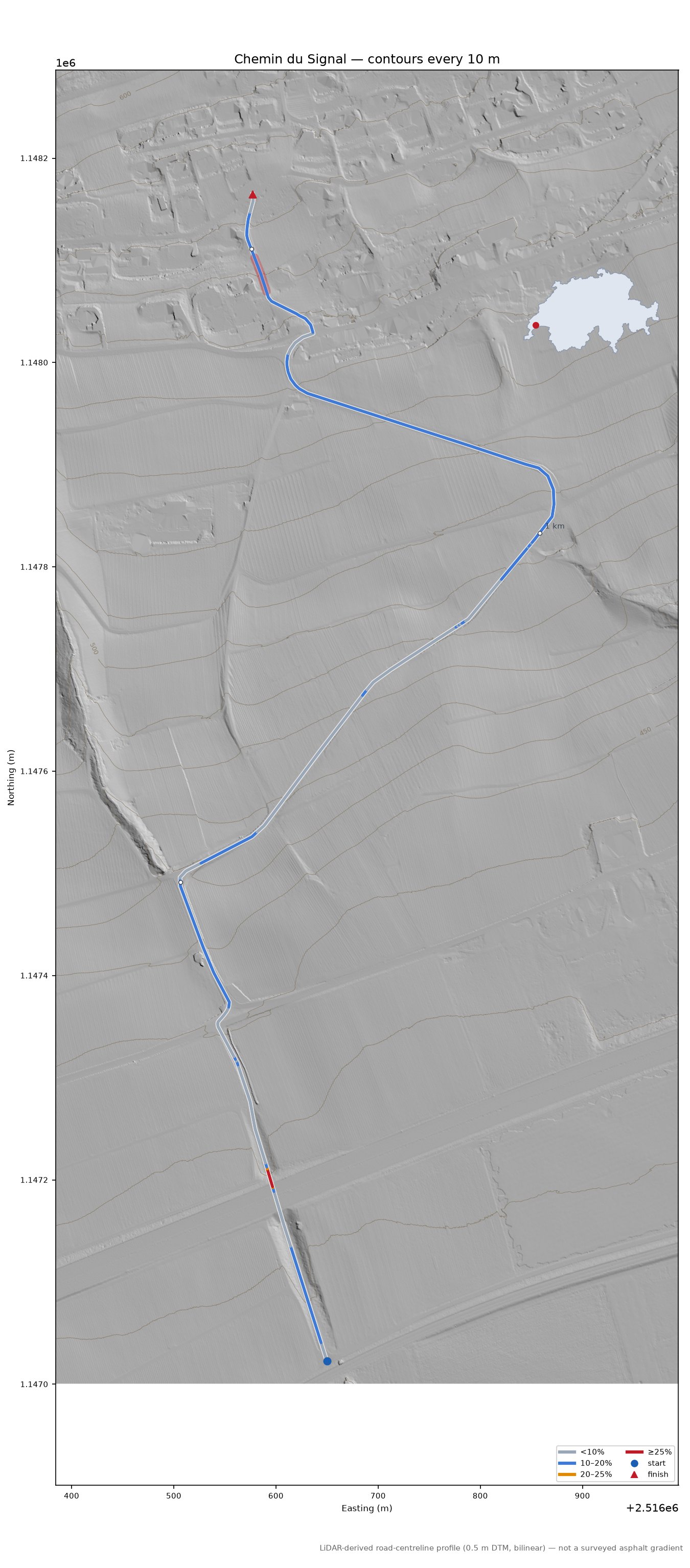 Chemin du Signal LiDAR hillshade map with contours