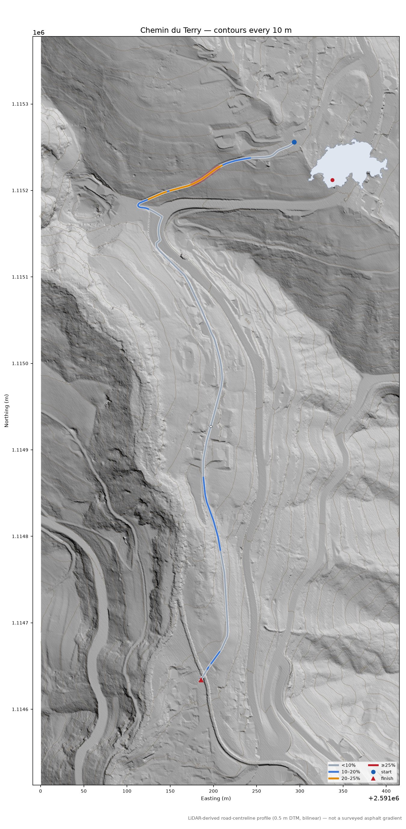 Chemin du Terry LiDAR hillshade map with contours