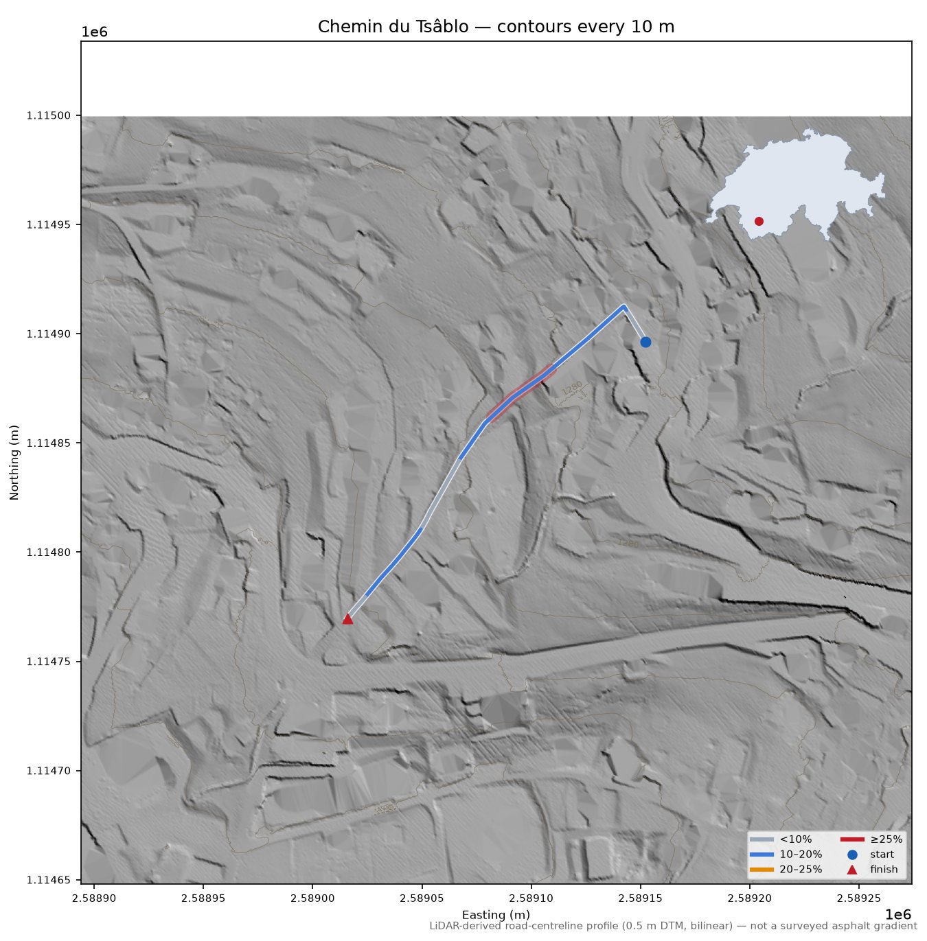 Chemin du Tsâblo LiDAR hillshade map with contours