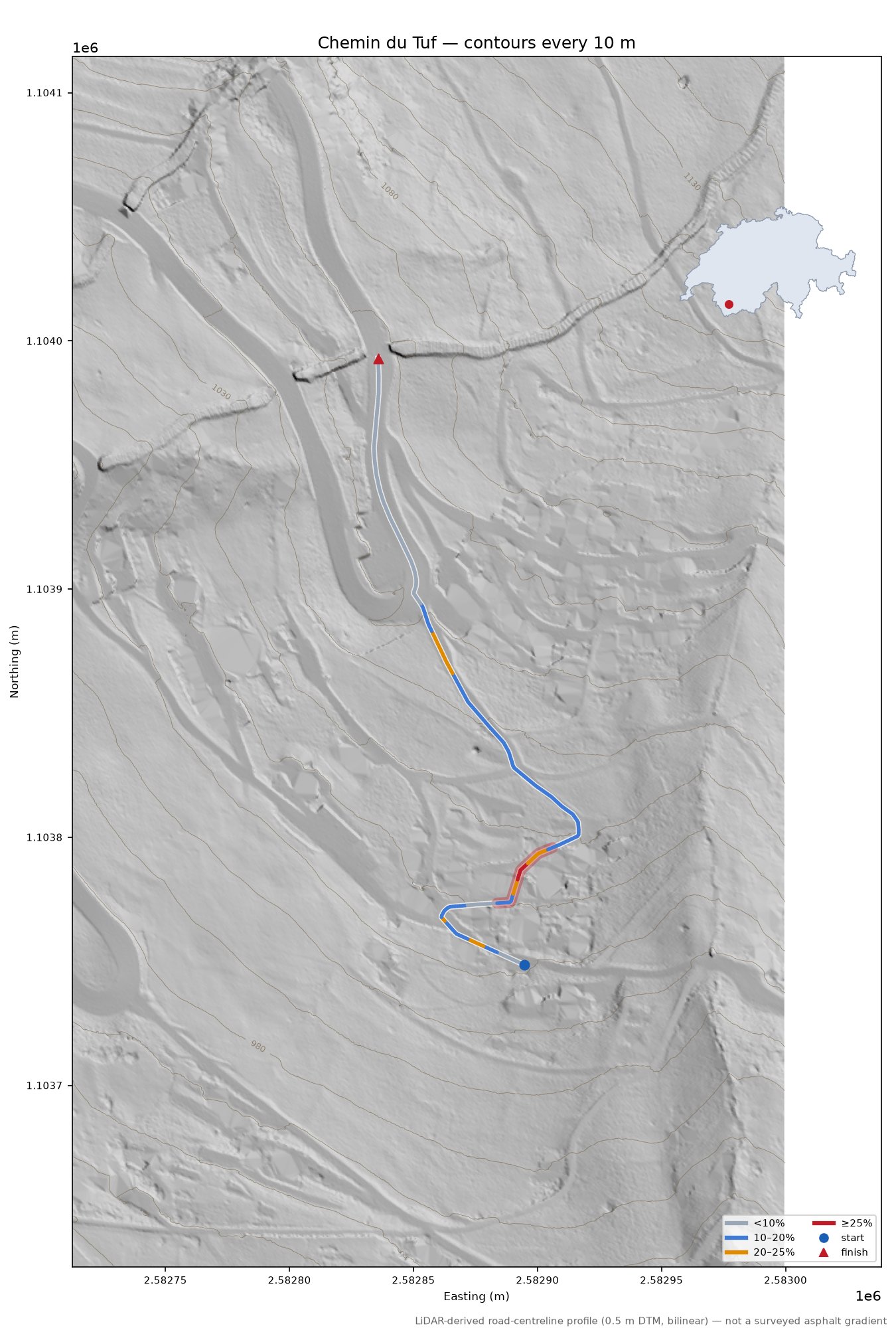Chemin du Tuf LiDAR hillshade map with contours