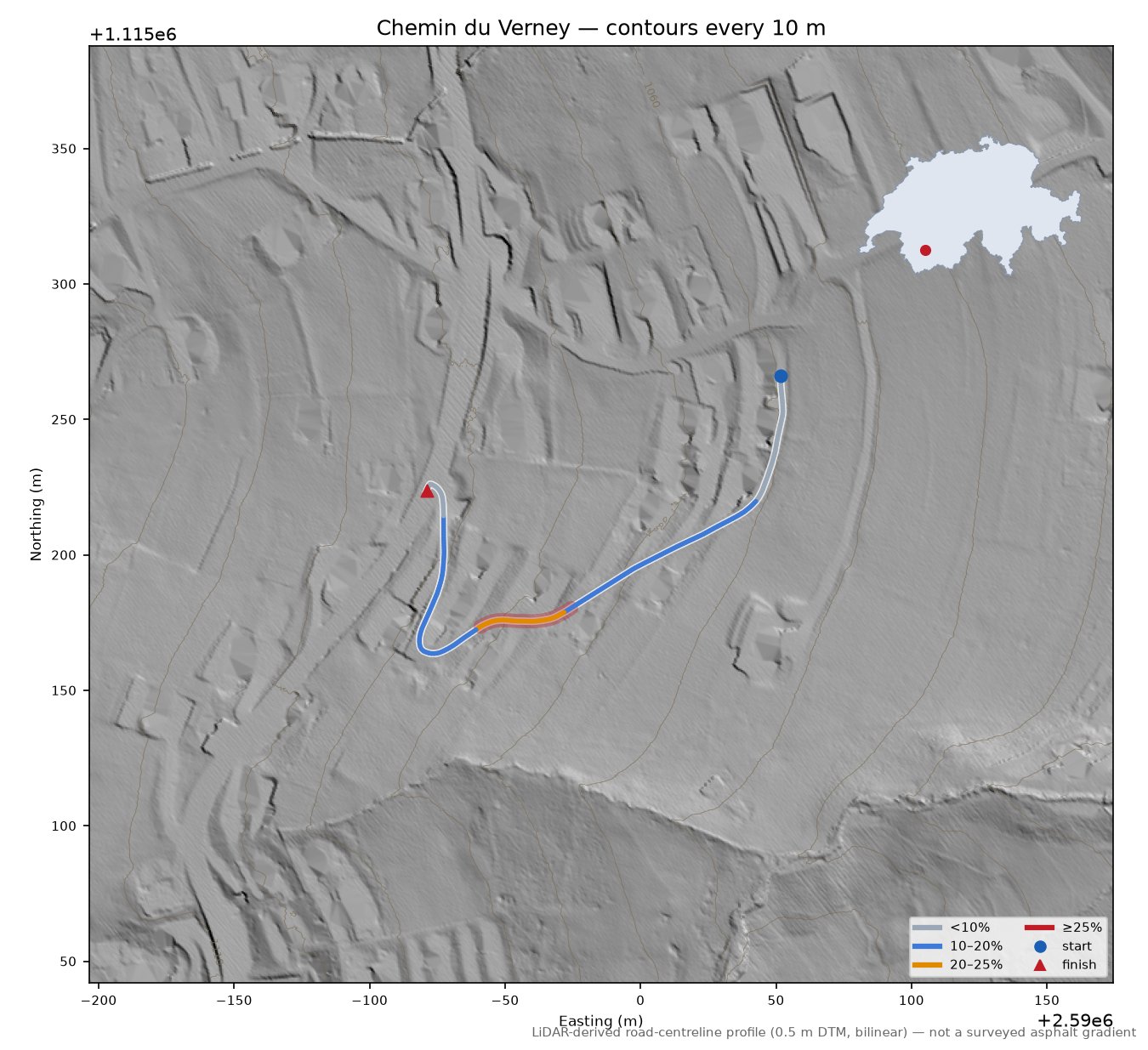 Chemin du Verney LiDAR hillshade map with contours