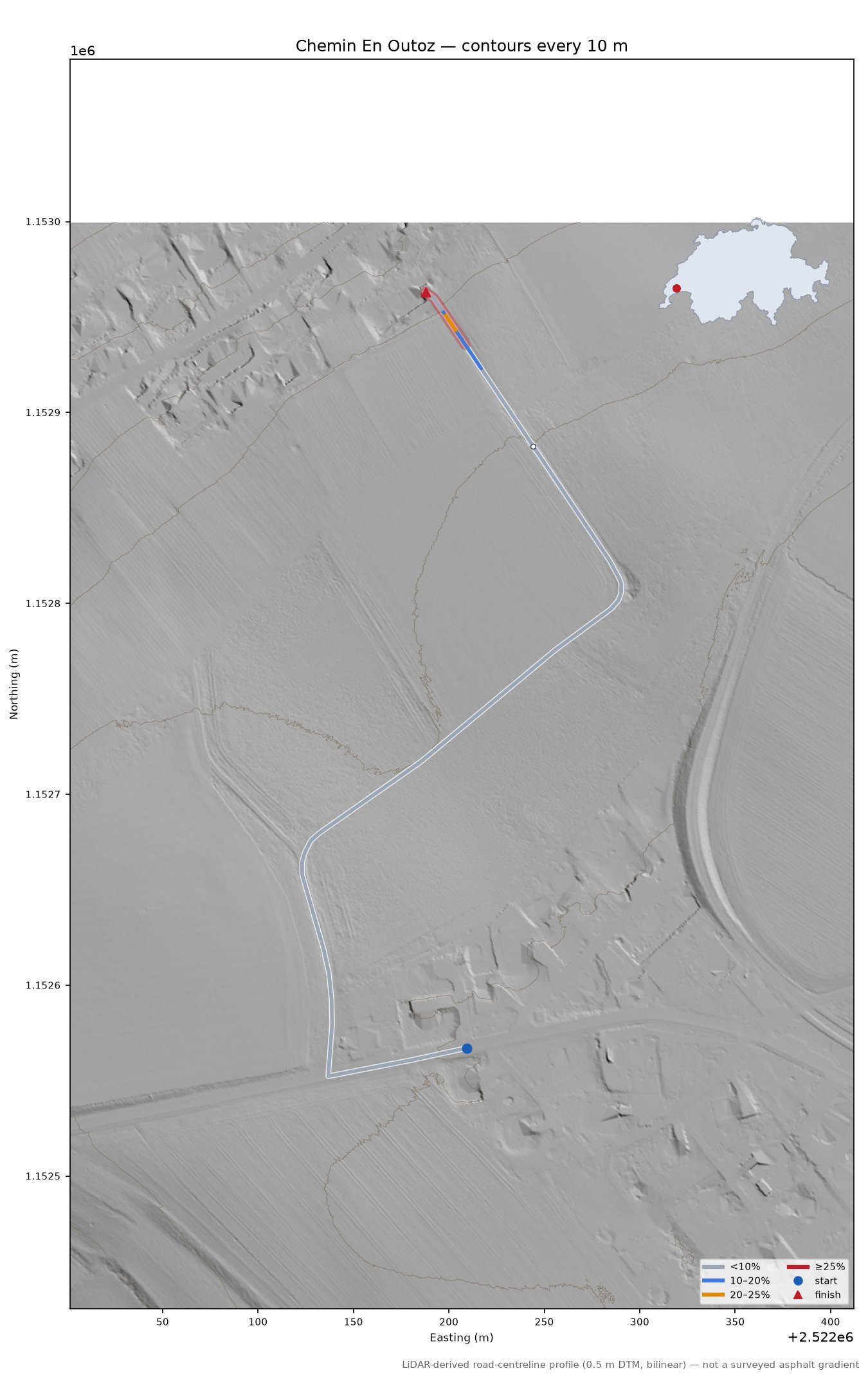 Chemin En Outoz LiDAR hillshade map with contours