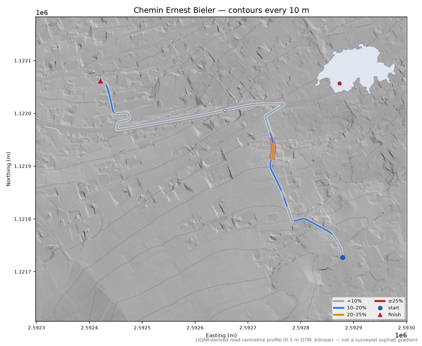 Chemin Ernest Bieler LiDAR hillshade map with contours