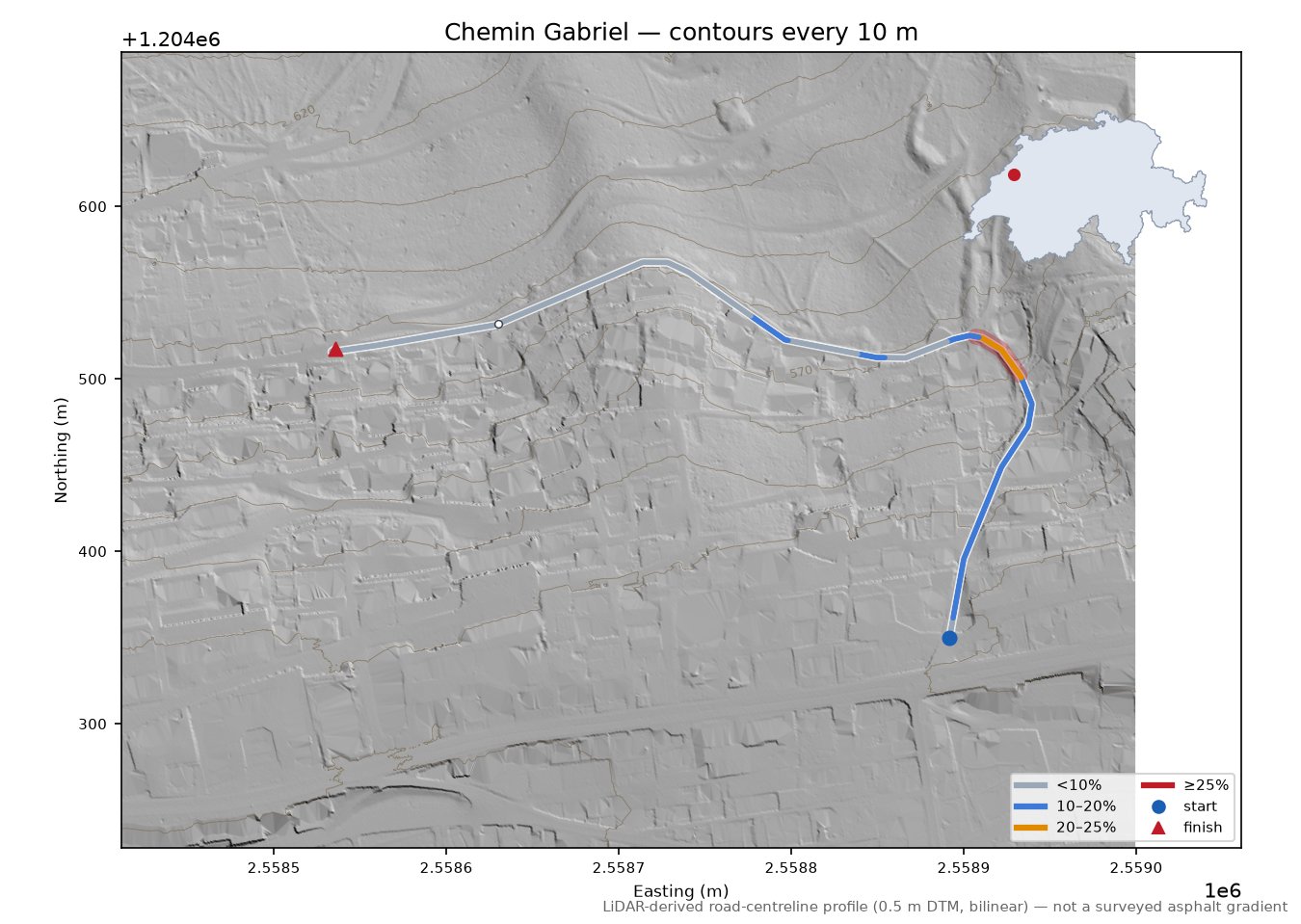 Chemin Gabriel LiDAR hillshade map with contours