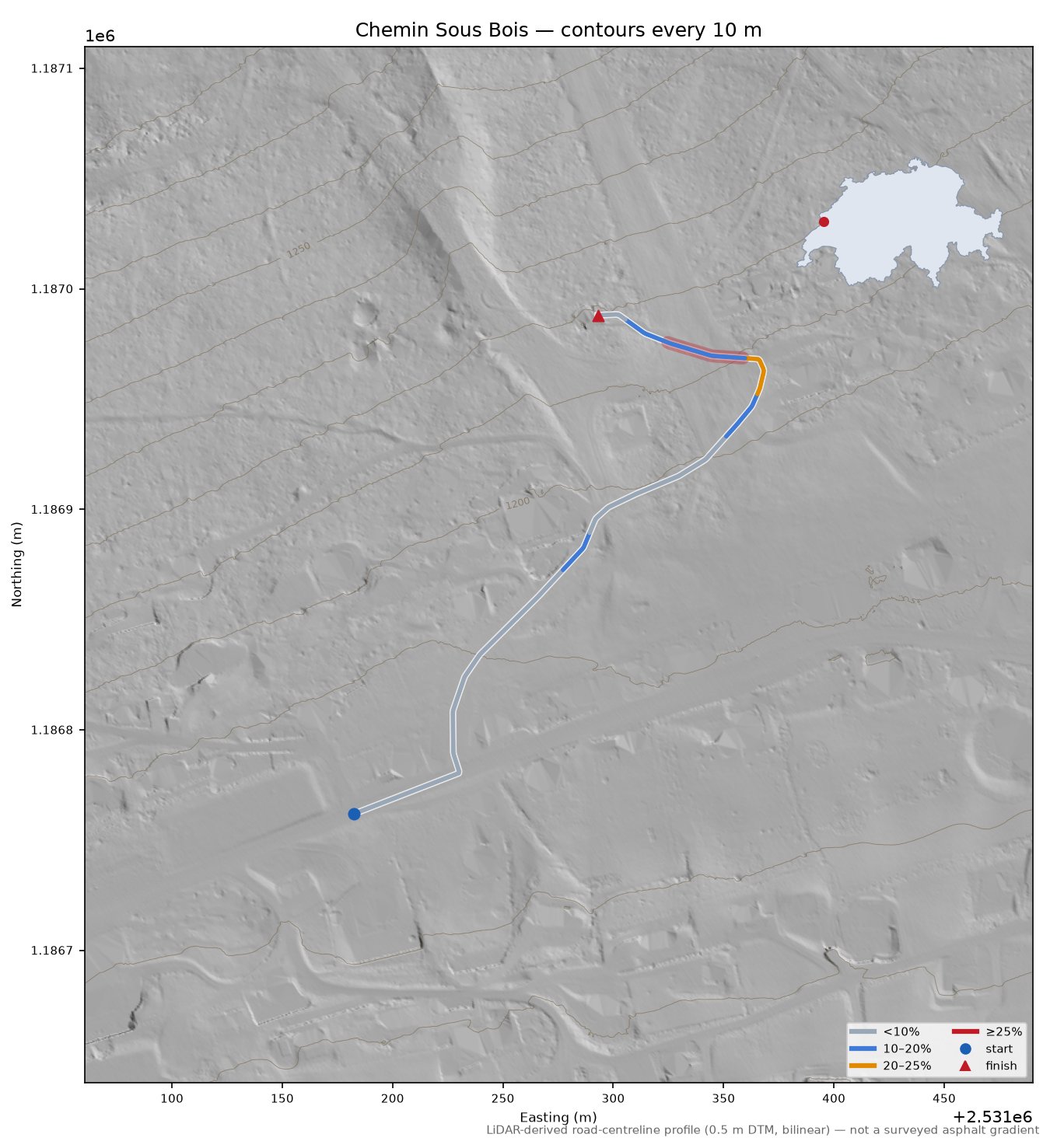 Chemin Sous Bois LiDAR hillshade map with contours
