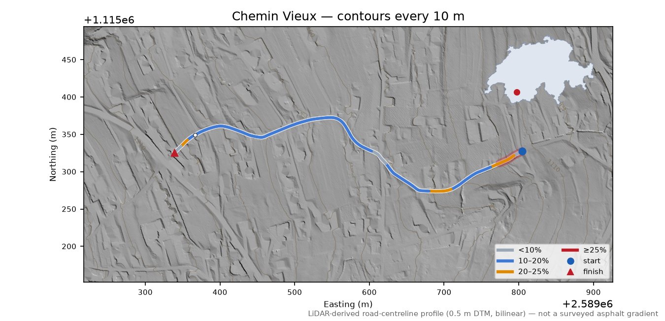Chemin Vieux LiDAR hillshade map with contours
