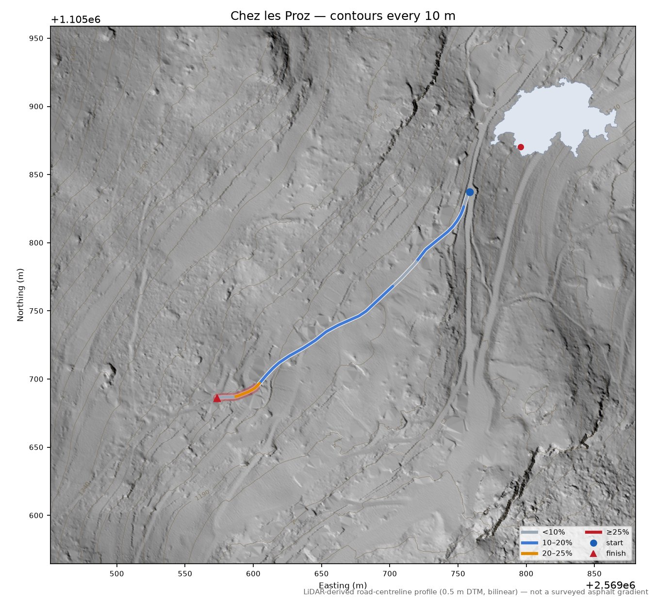 Chez les Proz LiDAR hillshade map with contours
