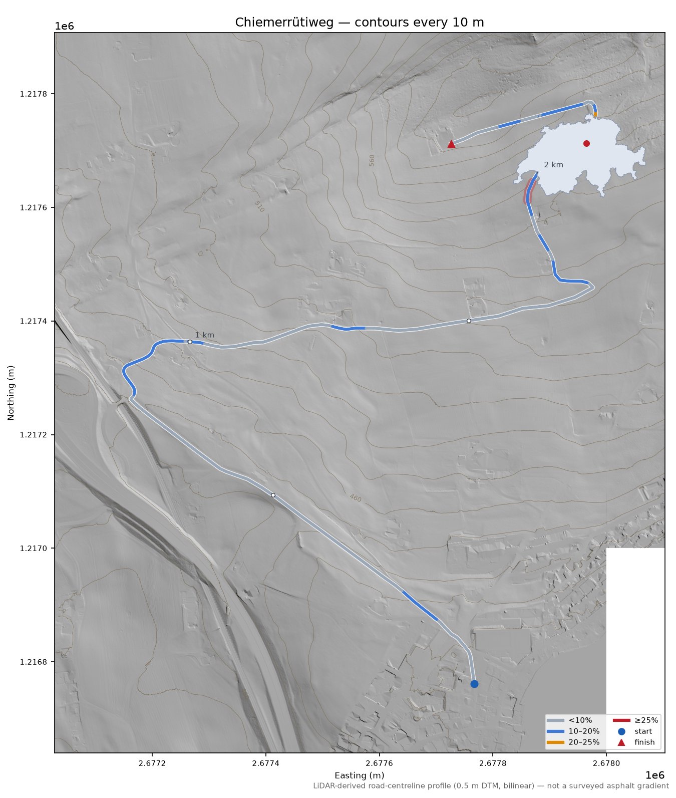Chiemerrütiweg LiDAR hillshade map with contours