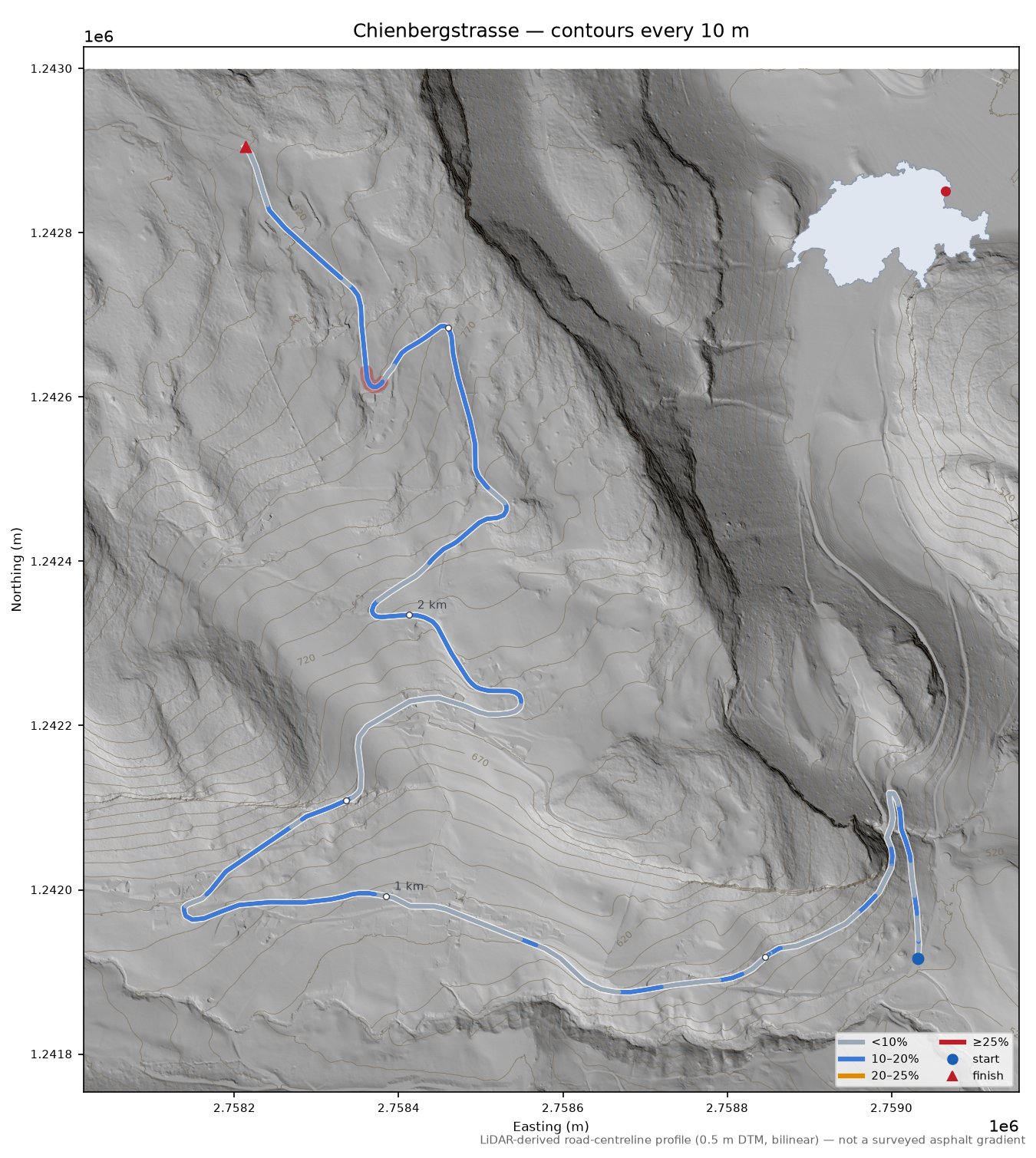 Chienbergstrasse LiDAR hillshade map with contours
